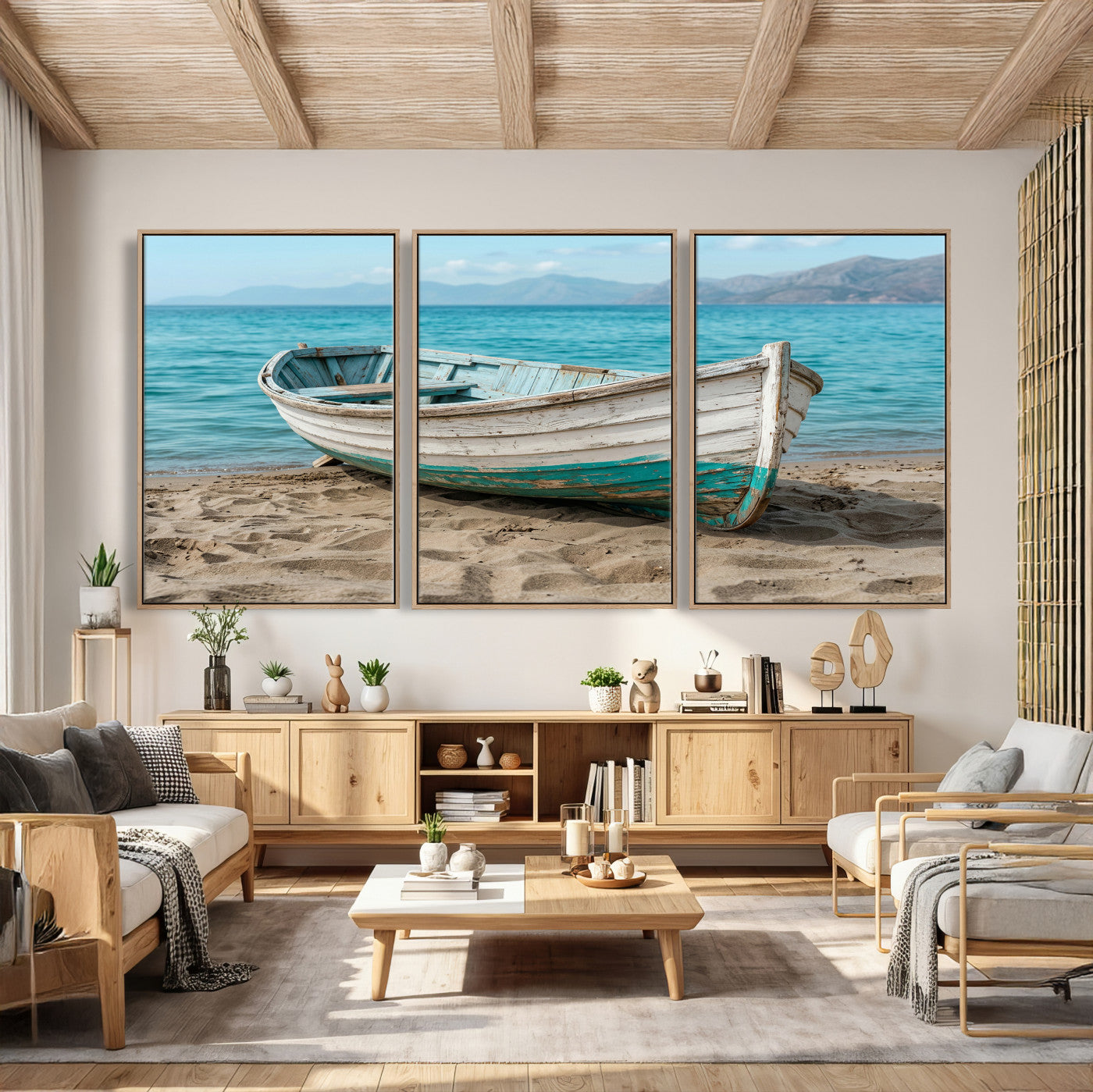 49963709-MGV-CV-36X24 - Coastal Boat Canvas Wall Art Print, Beach Boat Painting, Nautical Ocean Decor, Seascape Wall Art - Ready to Hang