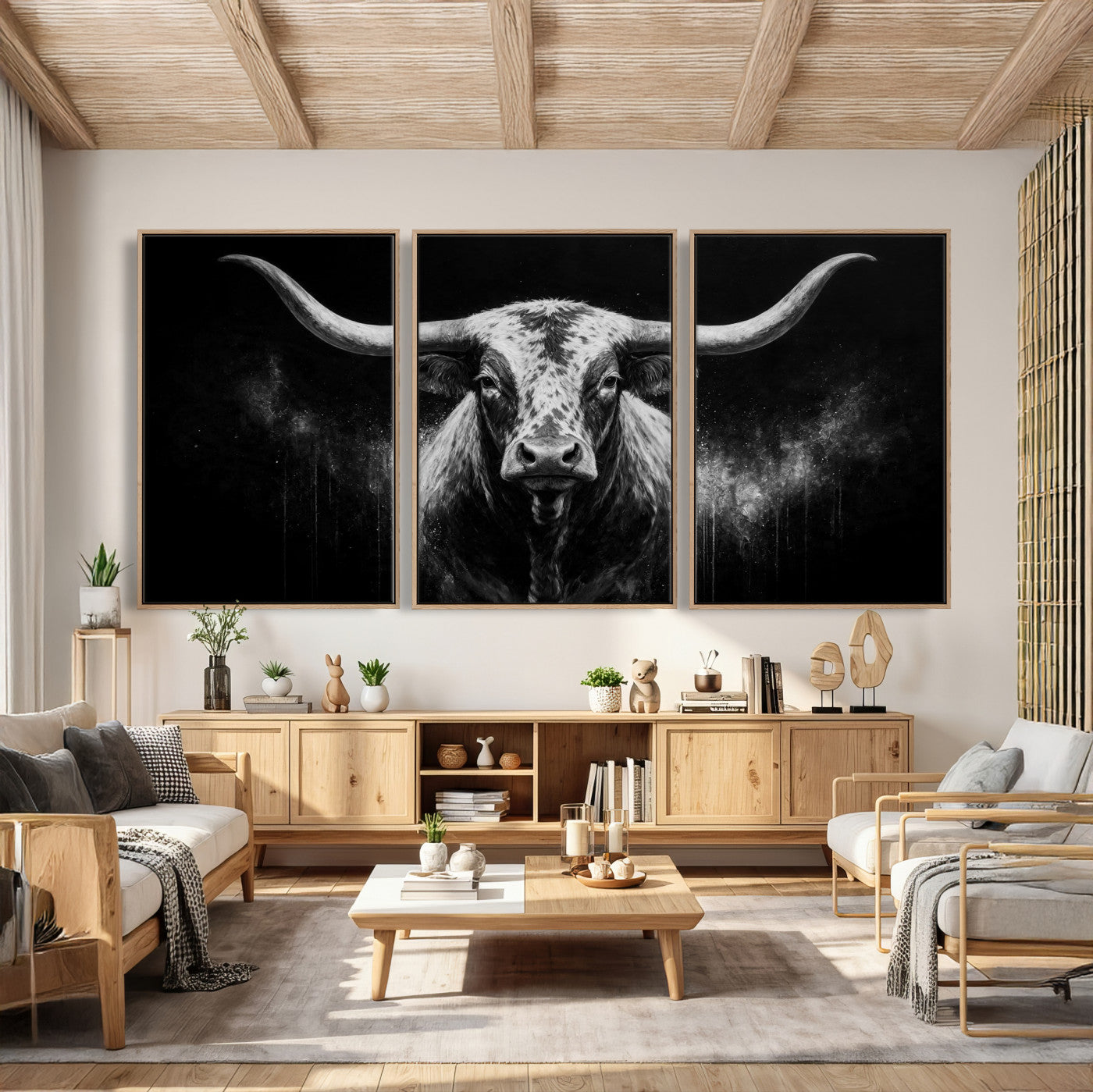 29671077-MGV-CV-60X30-3P - Texas Bull Cow Longhorn Canvas Wall Art Moody Western Bull Oil Painting Print