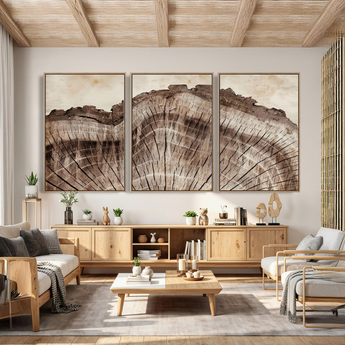 91280382-MGV-CV-60X30-3P - Tree Ring Canvas Wall Art in Neutral Earth Tones, Framed Wood Slice Print for Rustic and Japandi Interiors