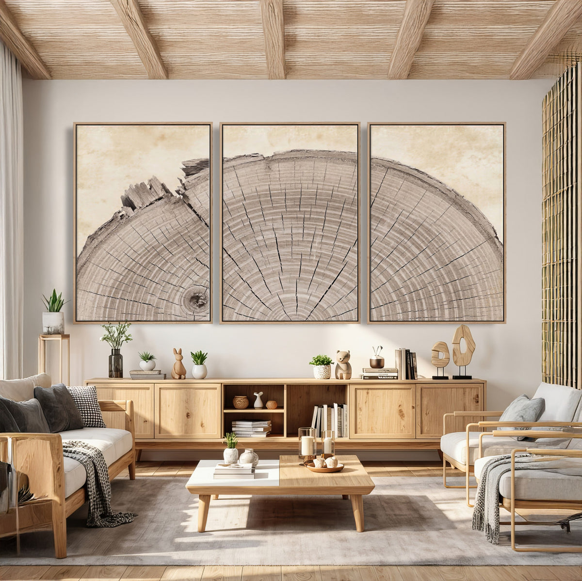 64174838-MGV-CV-60X30-3P - Tree Ring Canvas Wall Art in Neutral Earth Tones, Framed Wood Slice Print for Rustic and Japandi Interiors