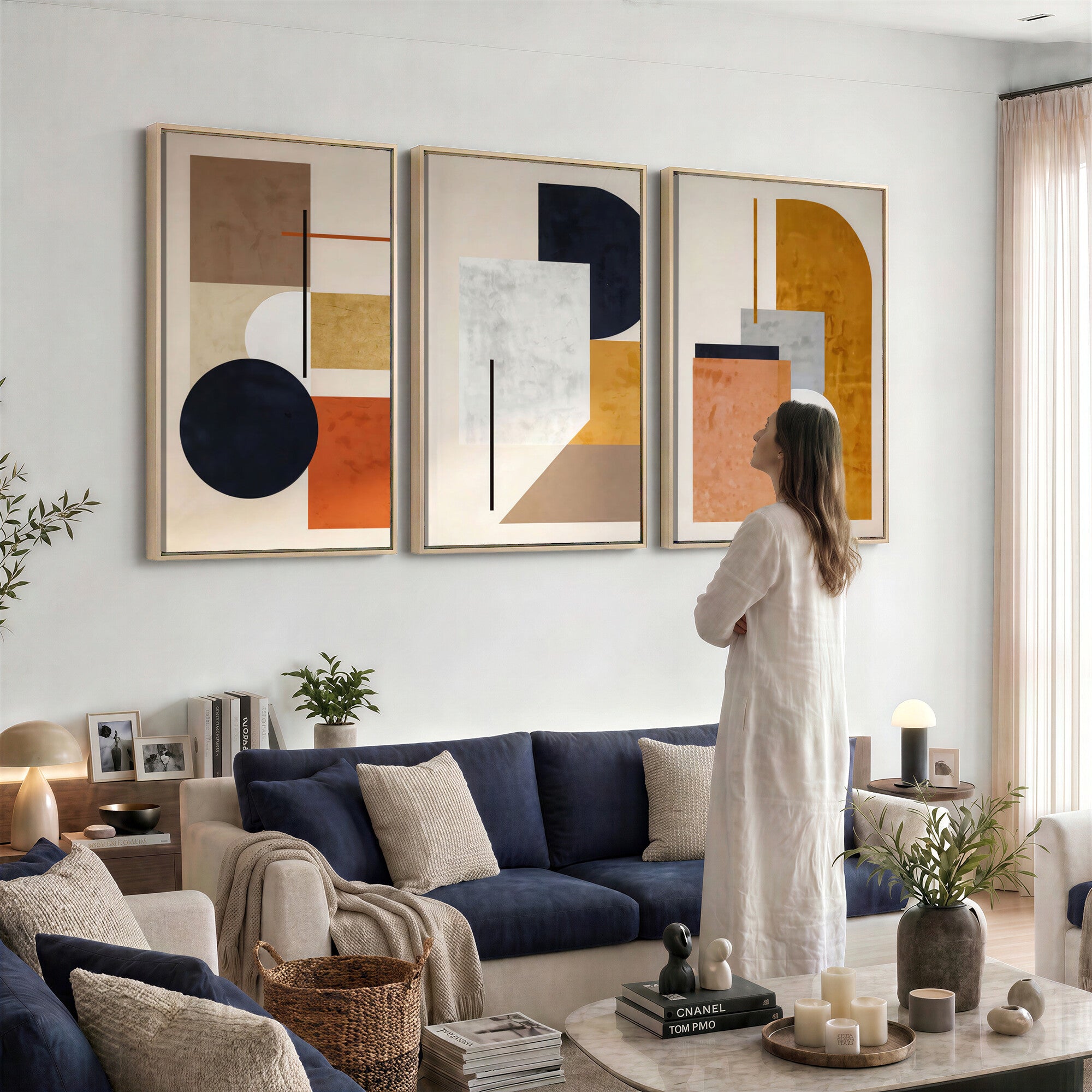 87361249-MGV-CV-48X32-3P - Mid Century Modern Geometric Canvas Wall Art, Abstract Triptych Print