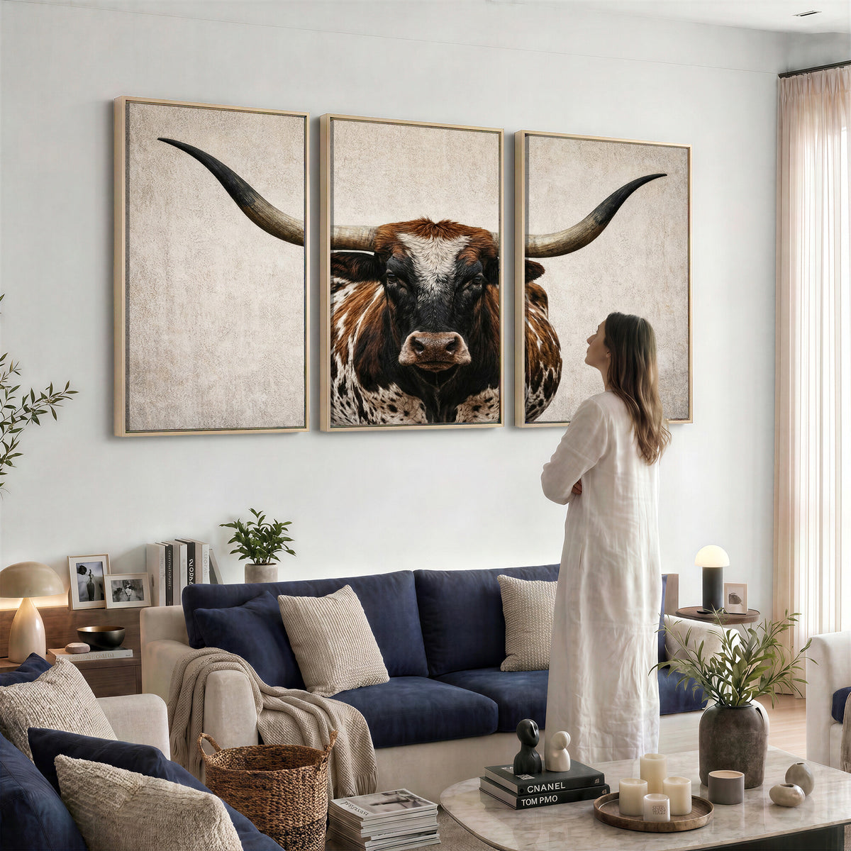 58622065-MGV-CV-36X24 - Texas Longhorn Canvas Wall Art Western Bull Desert Moody Grey Overcast Rustic Farmhouse Framed Large for Living Room Bedroom Office Decor