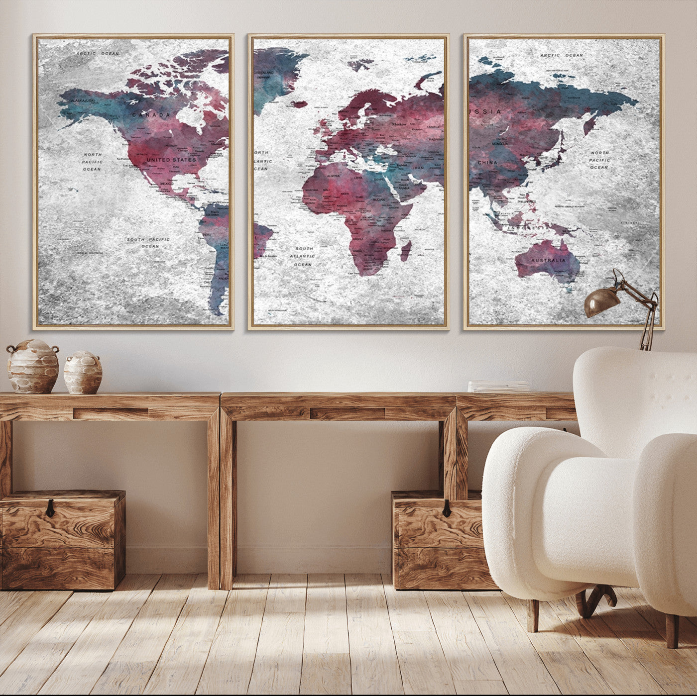 -Modern Red and Gray World Map Canvas Print – Framed Push Pin Wall Art for Couples, Contemporary Travel Map Artwork for Home and Office Decor