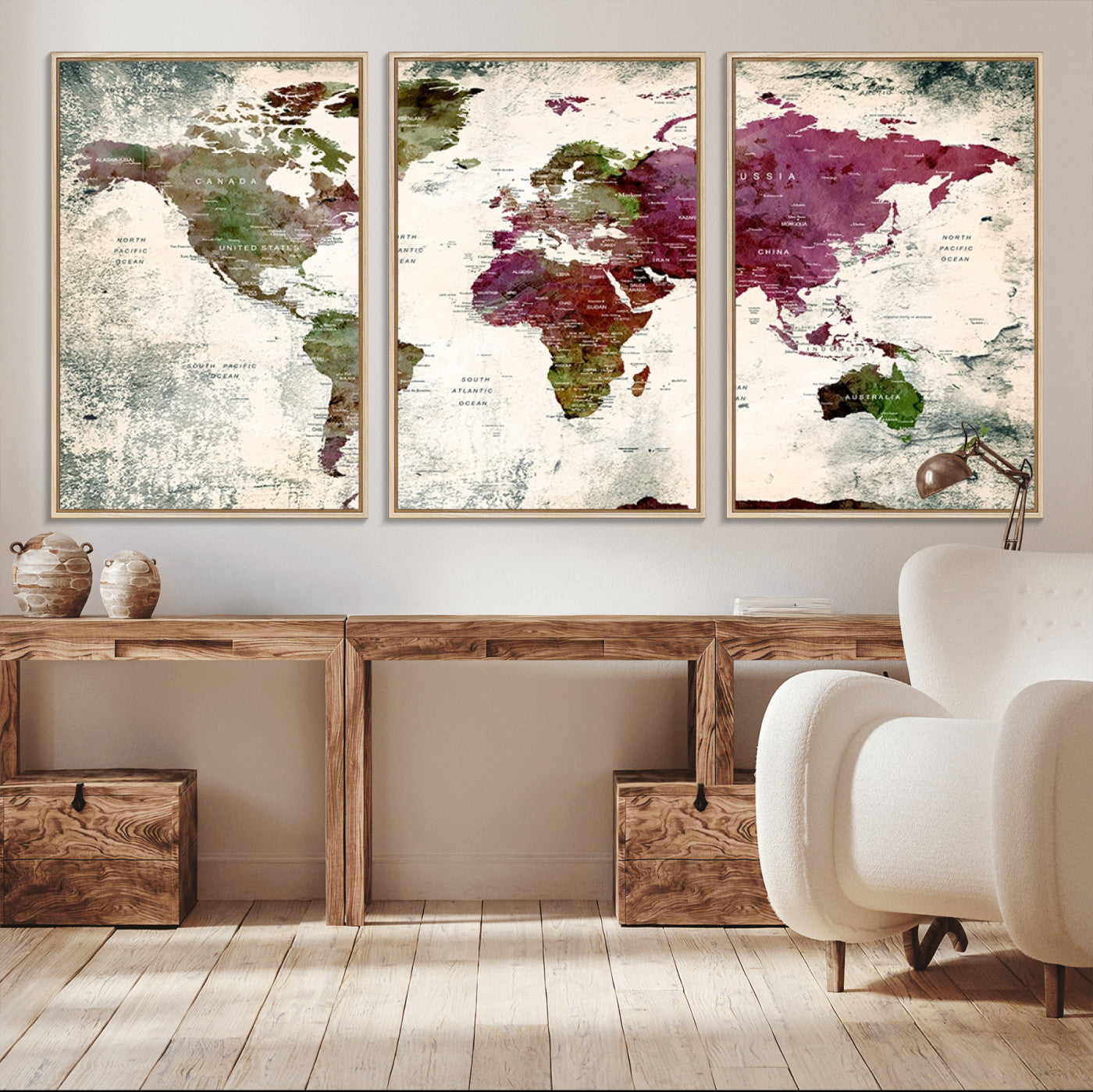 39882-MGV-CV-36X24-Vintage Watercolor Push Pin World Map Canvas – Framed Travel Wall Art for Home and Office Decor