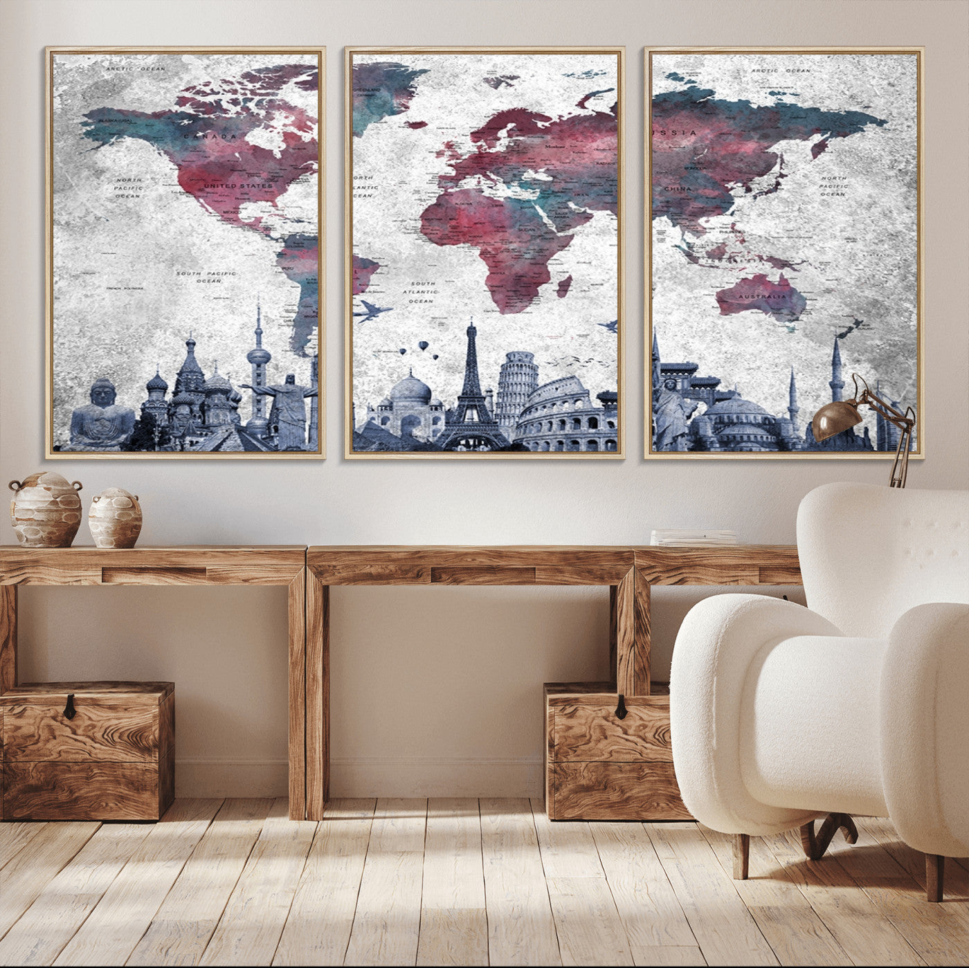 42515-MGV-CV-36X24-World Map Canvas Wall Art with Famous Landmarks – Framed Travel Map Print for Home and Office Decor, Perfect Gift for Travel Lovers