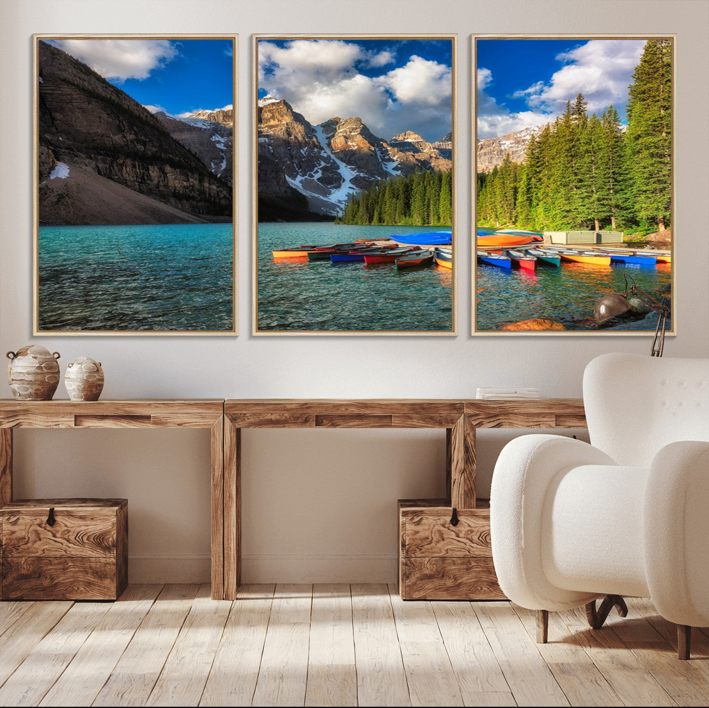 -Moraine Lake 3-Panel Wall Art, Majestic Mountain and Lake Landscape Canvas Print Canoes on Moraine