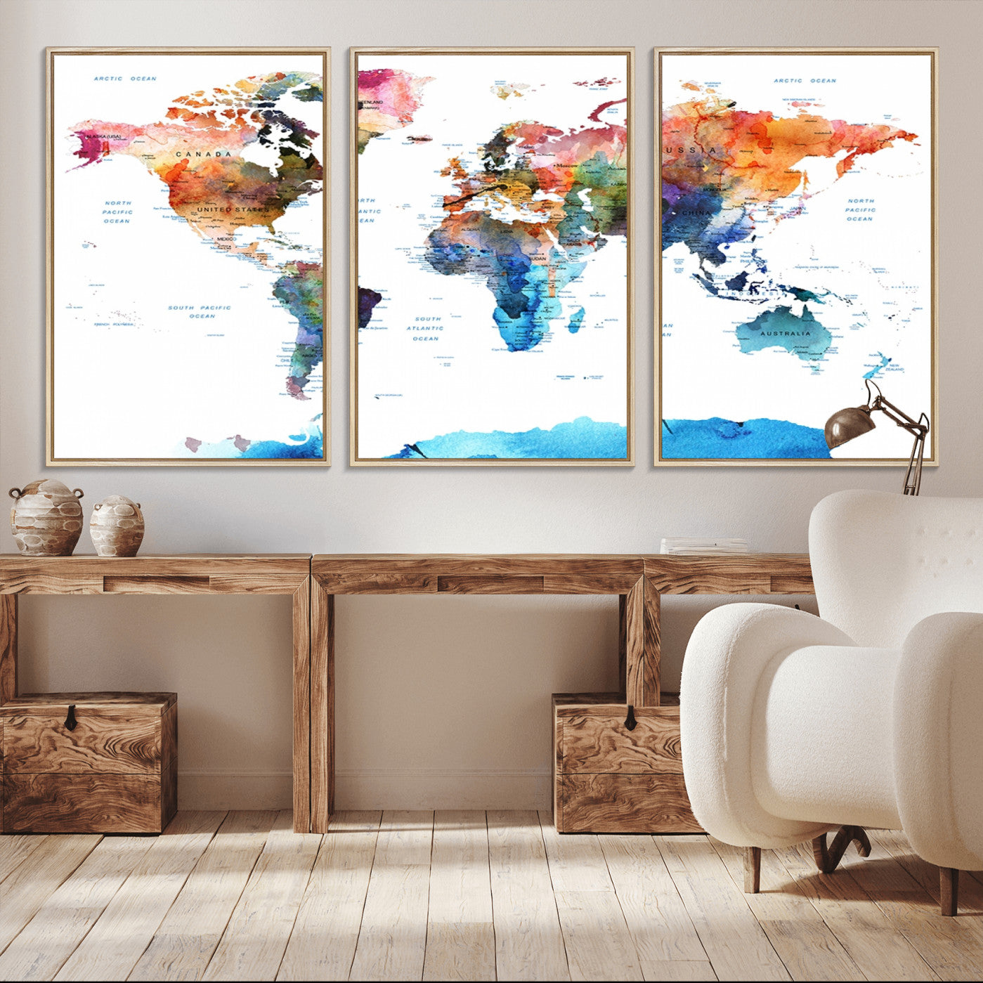 11576-MGV-CV-36X24-Vibrant Watercolor World Map Canvas Wall Art – Framed Push Pin Travel Map for Home and Office Decor, Modern Colorful Wall Artwork