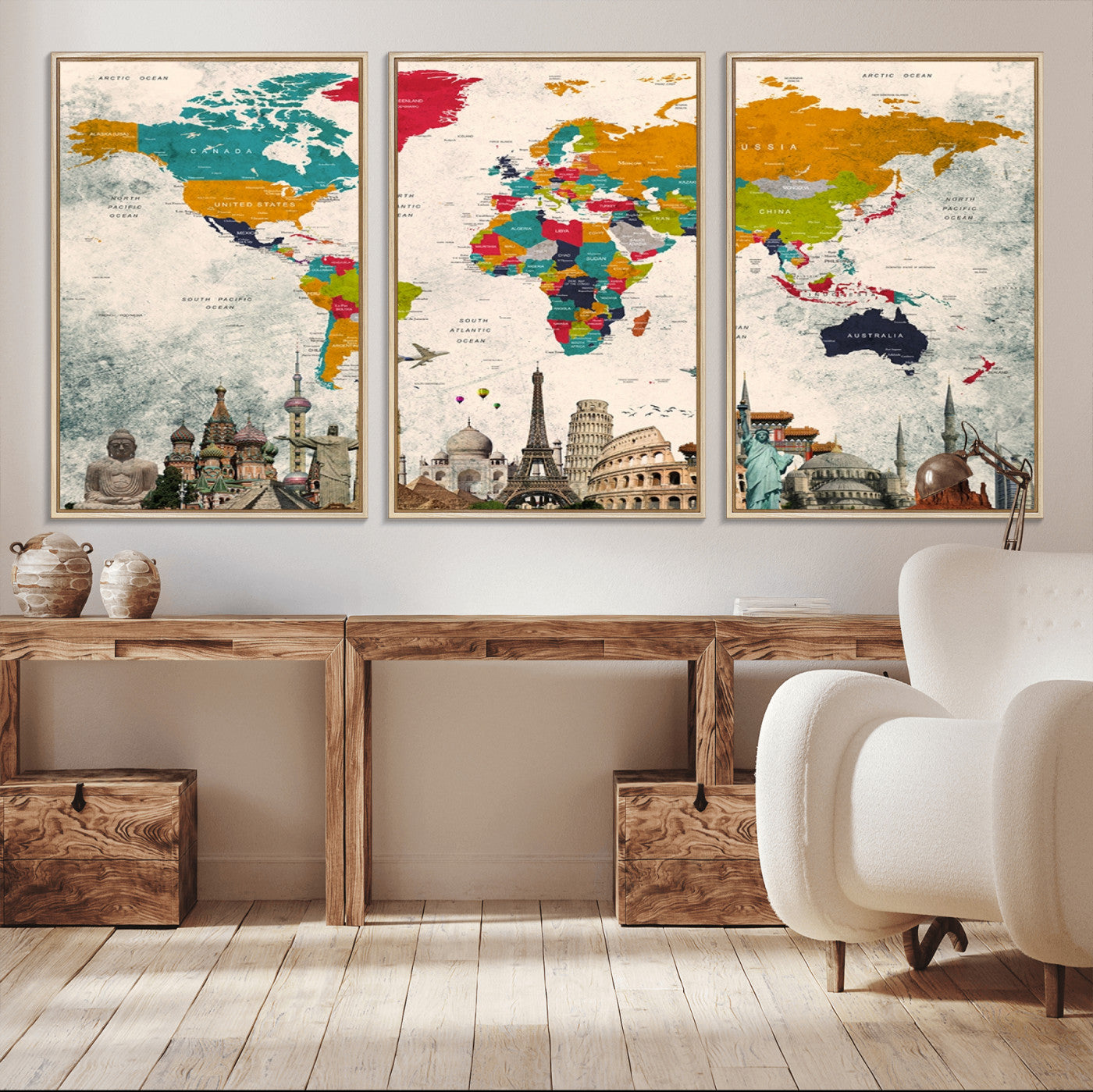 98056-MGV-CV-36X24-Colorful World Map Canvas Wall Art with Landmarks – Framed Travel Map Print for Home and Office Decor, Perfect Gift for Travel Lovers