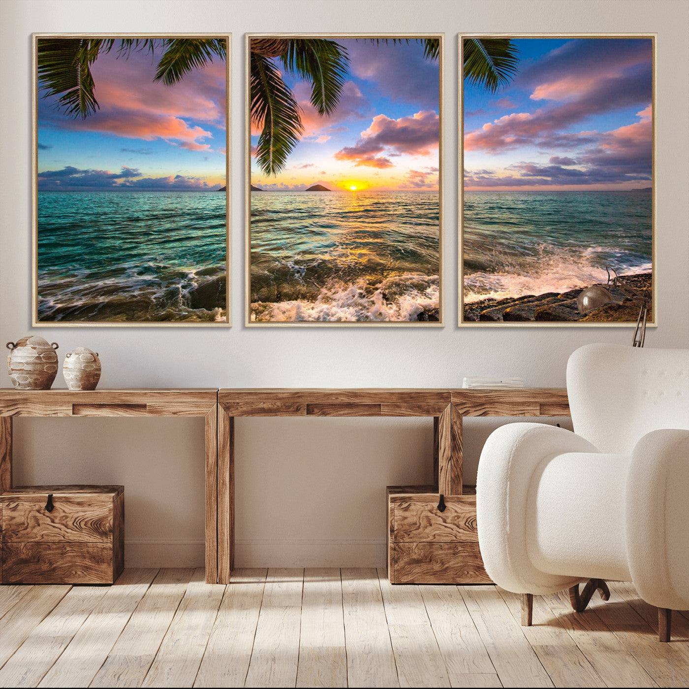 -Framed Tropical Sunset Art Canvas Print