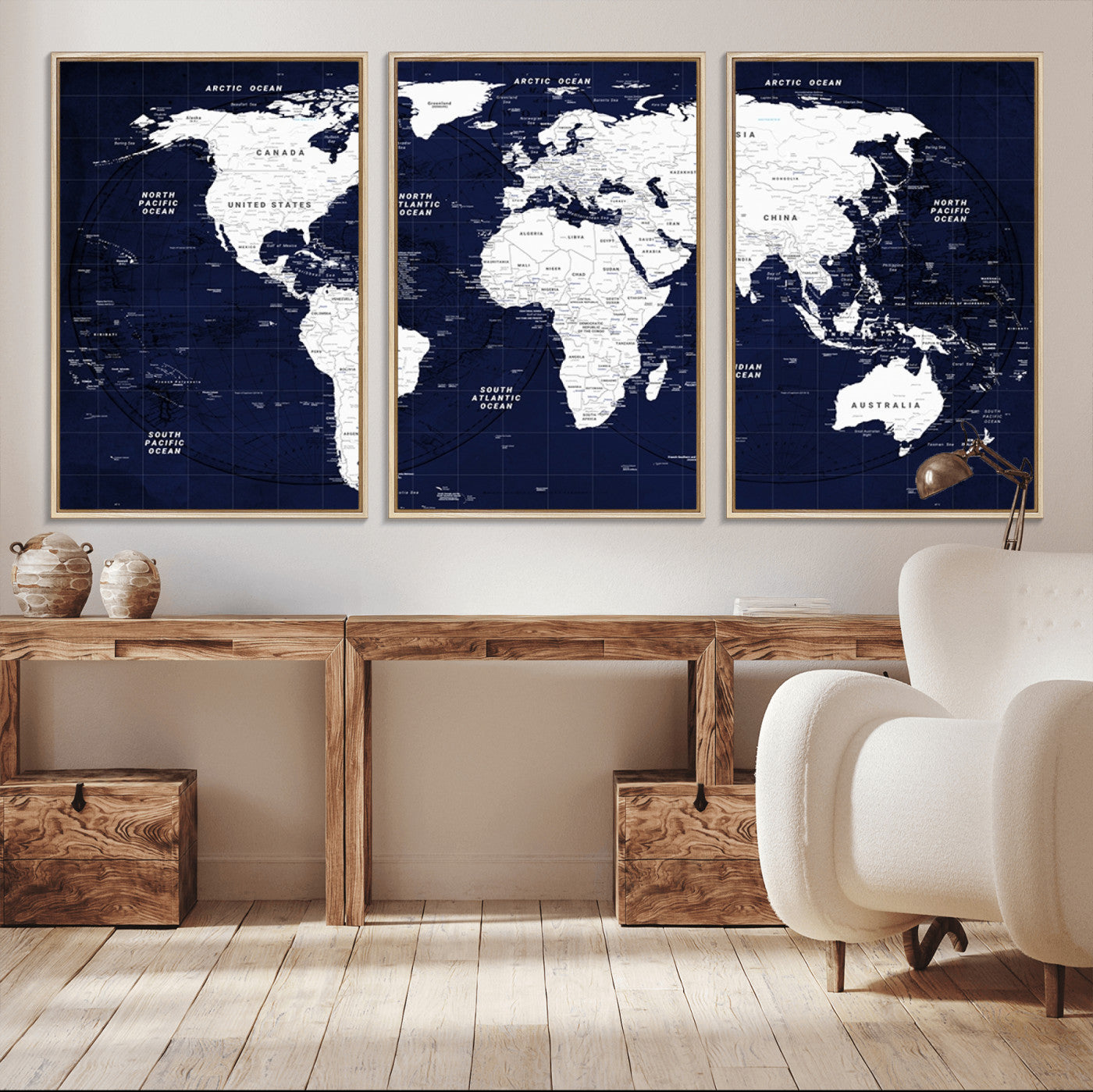 -Navy Blue World Map Canvas Print – Modern Push Pin Travel Map Wall Art, Framed Contemporary Decor for Home or Office