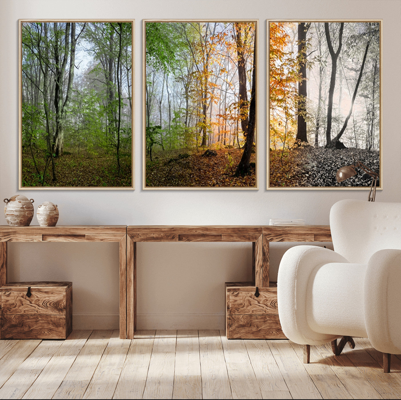-Four Seasons Wall Art Forest Canvas Print – Triptych Seasonal Nature Print – Landscape Decor for
