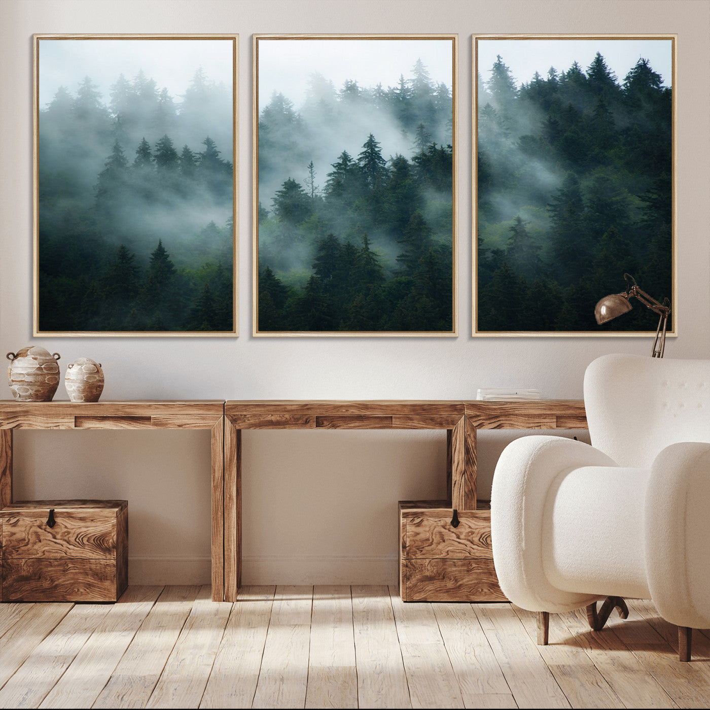 -Misty Forest Wall Art – Serene Green Landscape Canvas Print, Nature-Inspired Woodland Decor for Living Room or Office