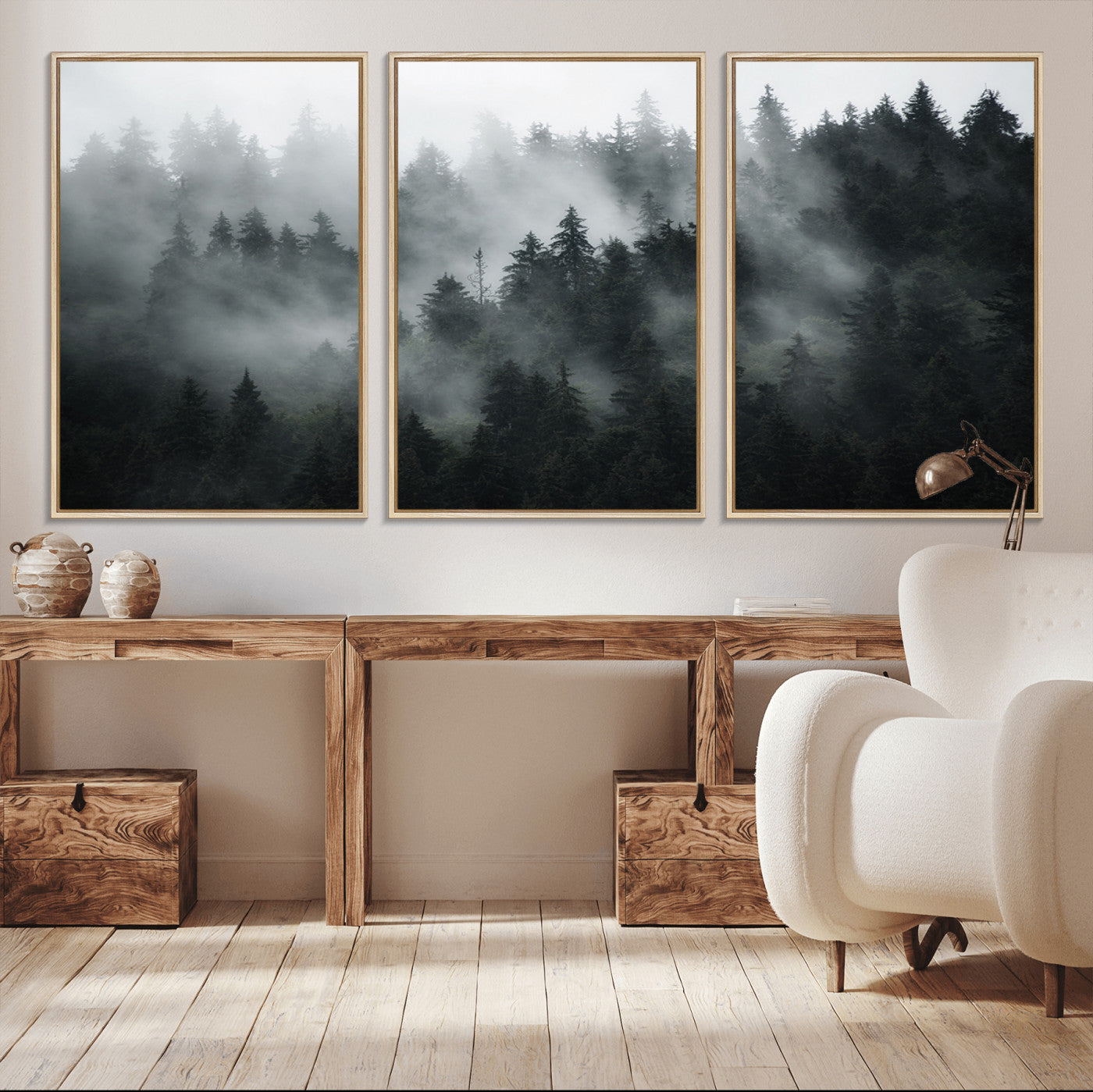 52359-MGV-CV-36X24-Foggy Forest Wall Art Canvas Print | 3 Panel Large Misty Landscape for Dining Room, Office, or
