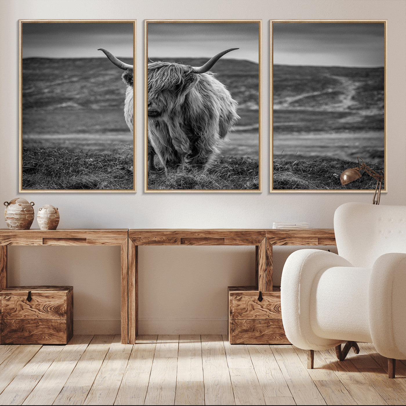 42995-MGV-CV-36X24-Fluffy Cattle Wall Art Print, Highland Cow Canvas, Framed Black and white Wall Art