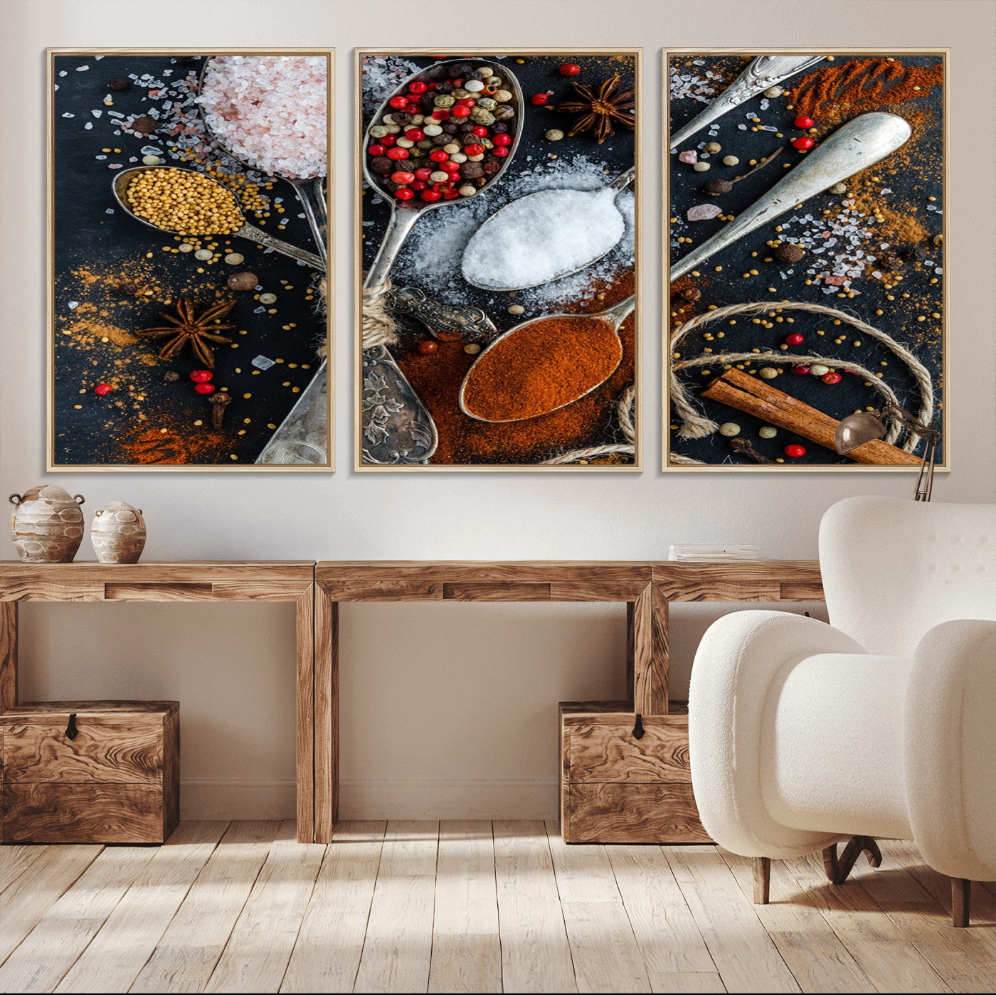 -Spices and Seasonings Canvas Wall Art – Colorful Triptych Kitchen Decor – Culinary Art for Dining