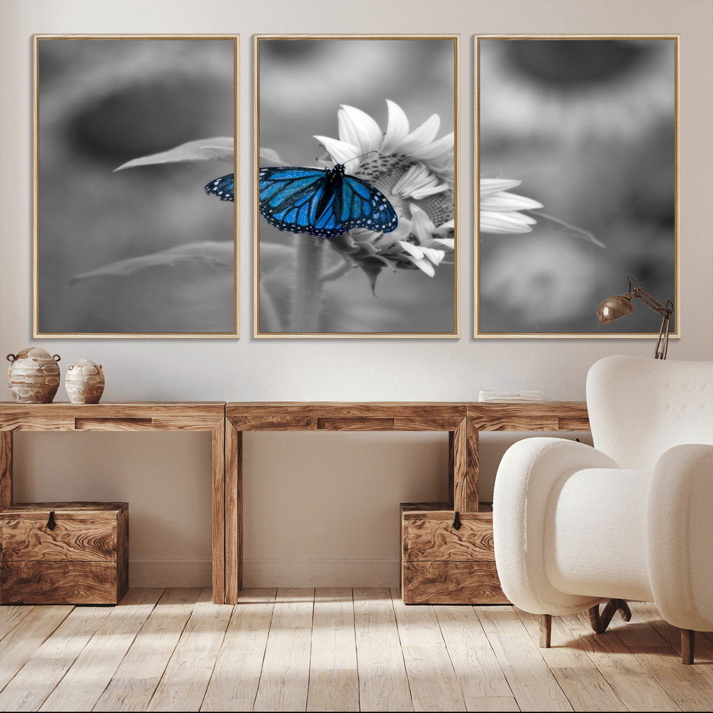 -Blue Butterfly Black and White Canvas Wall Art