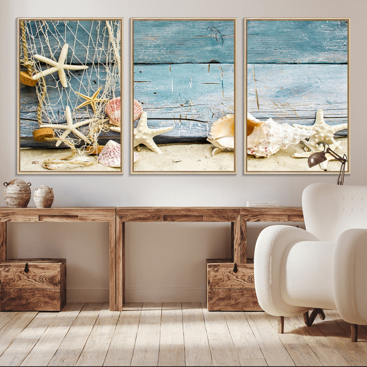-Seashells on Rustic Wooden Background, Seashells Wall Art Canvas Print