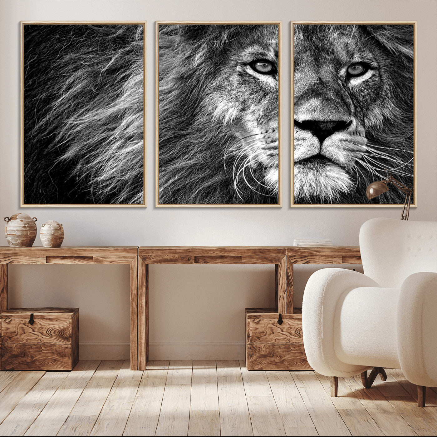 -Black and White Lion Canvas Wall Art Print – Wildlife Portrait Artwork for Home, Office, Living Room, Guest Room