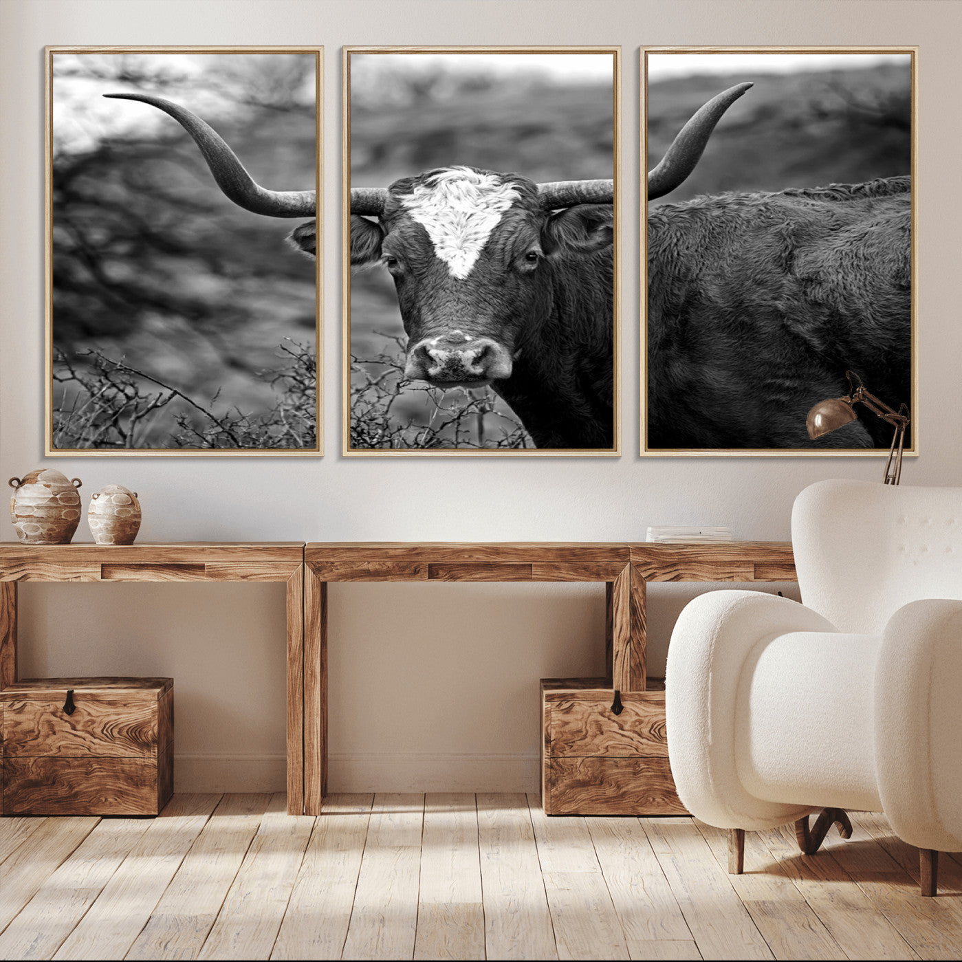 -Western Home Wall Art Canvas Print, Framed Texas Longhorn Art Picture Print, Rustic Cow Perfect Rustic Farmhouse Decor Artwork