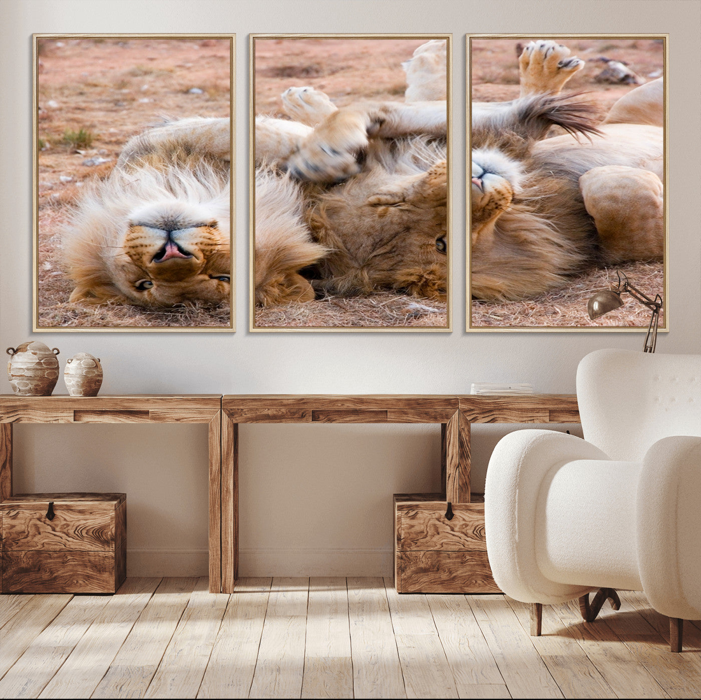 62598-MGV-CV-36X24-Lion Pair Wall Art Canvas Print – Framed Wildlife Scene with Playful Lions Artwork for Home, Office, Living Room