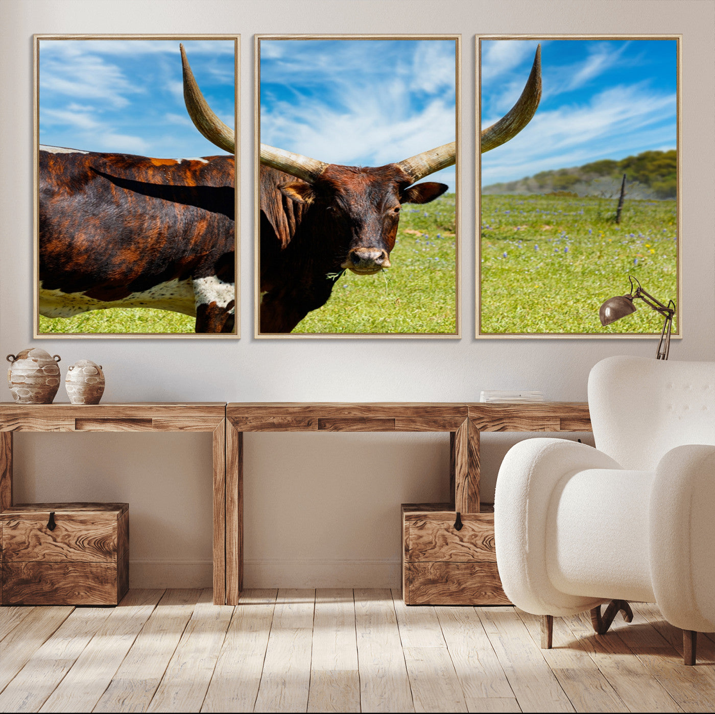 47037-MGV-CV-36X24-Longhorn and Cow Wall Art, Country Cow Wall Decor Canvas Print
