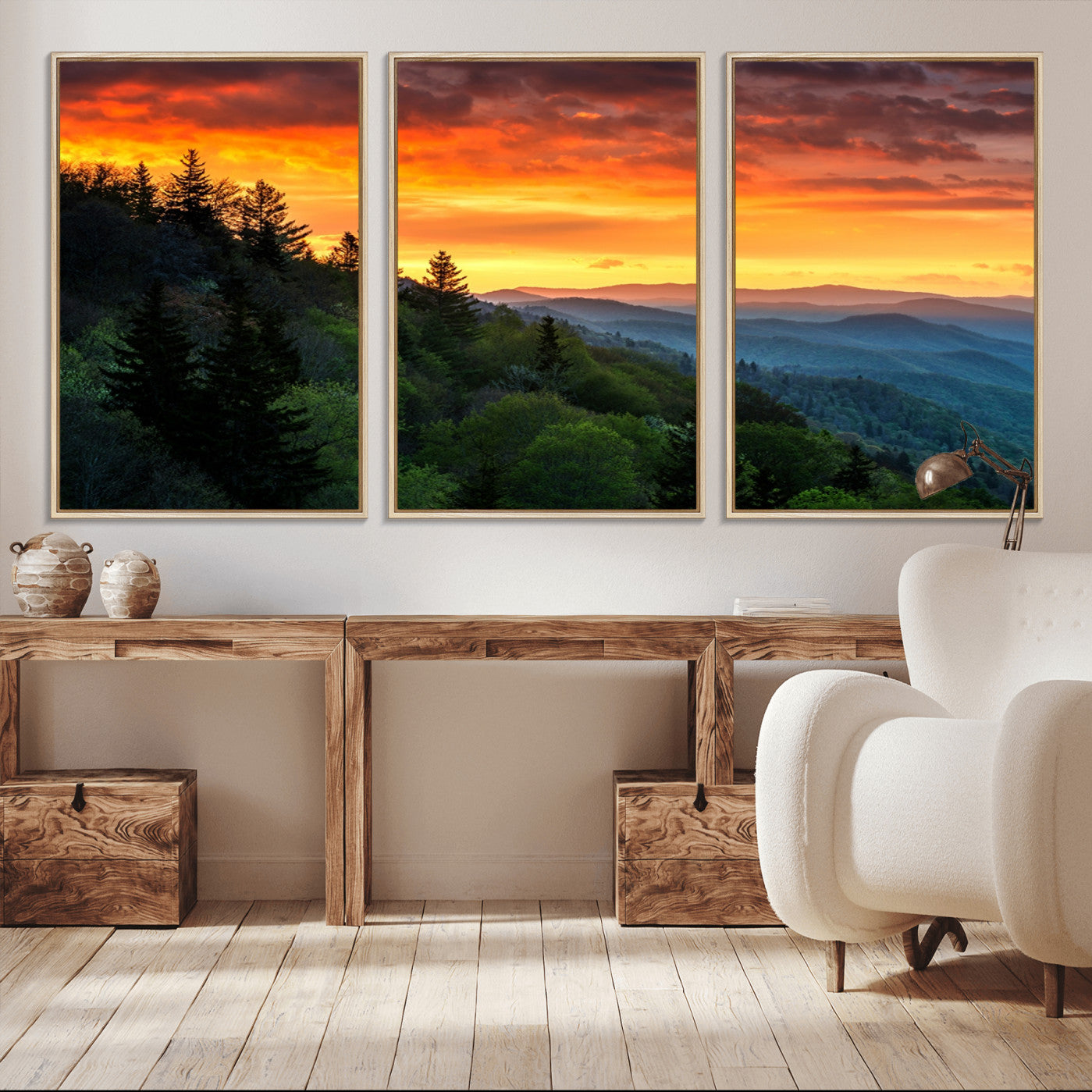 -Great Smoky Mountains Sunset Wall Art Canvas Print | 3 Panel Large Nature Landscape Photography for