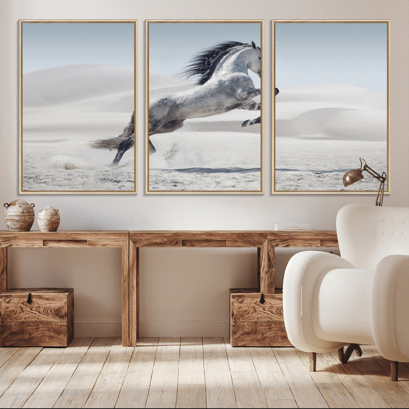 46422-MGV-FC-60X30-3P_Natural-Prancing Horse Desert Large Wall Art Canvas Print – Majestic Horse Animal Artwork for Home, Office, Living Room