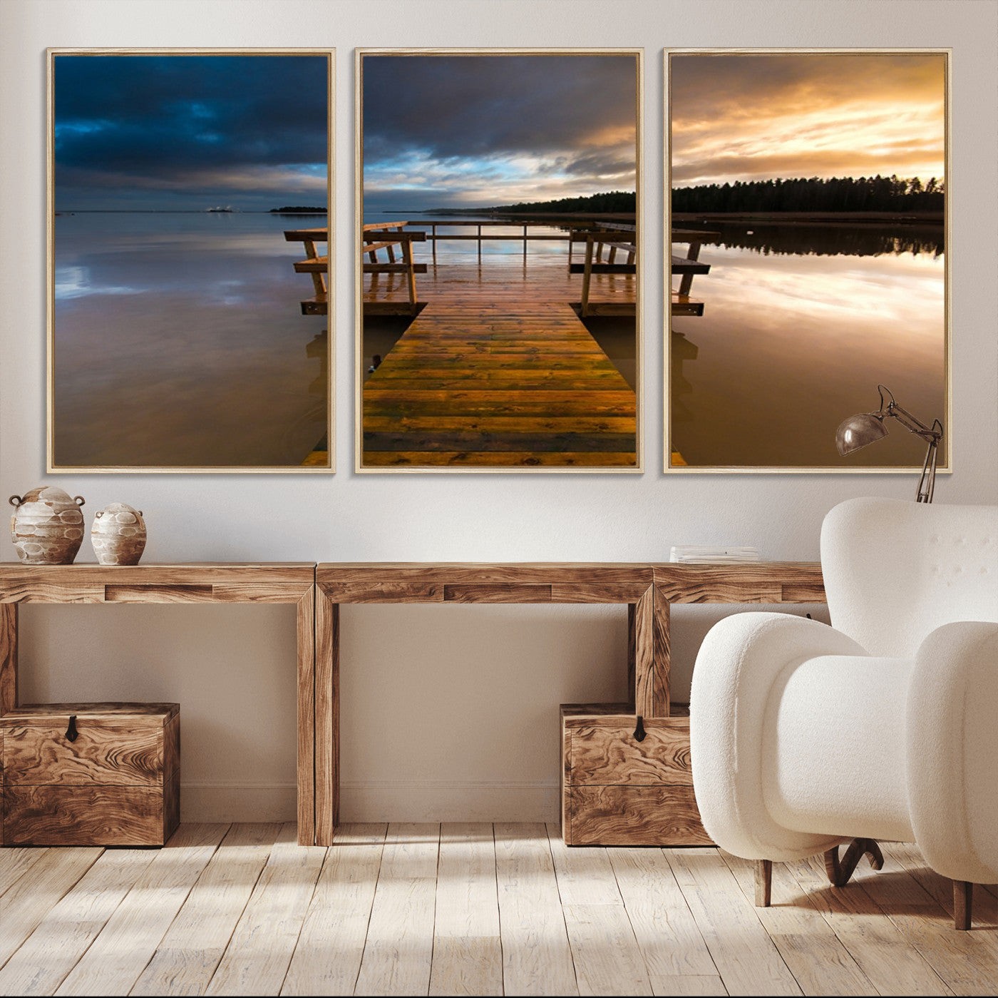-Serene Lake Pier at Sunset Canvas Print | Landscape Canvas Print | Ready to Hang and Framed Wall Art