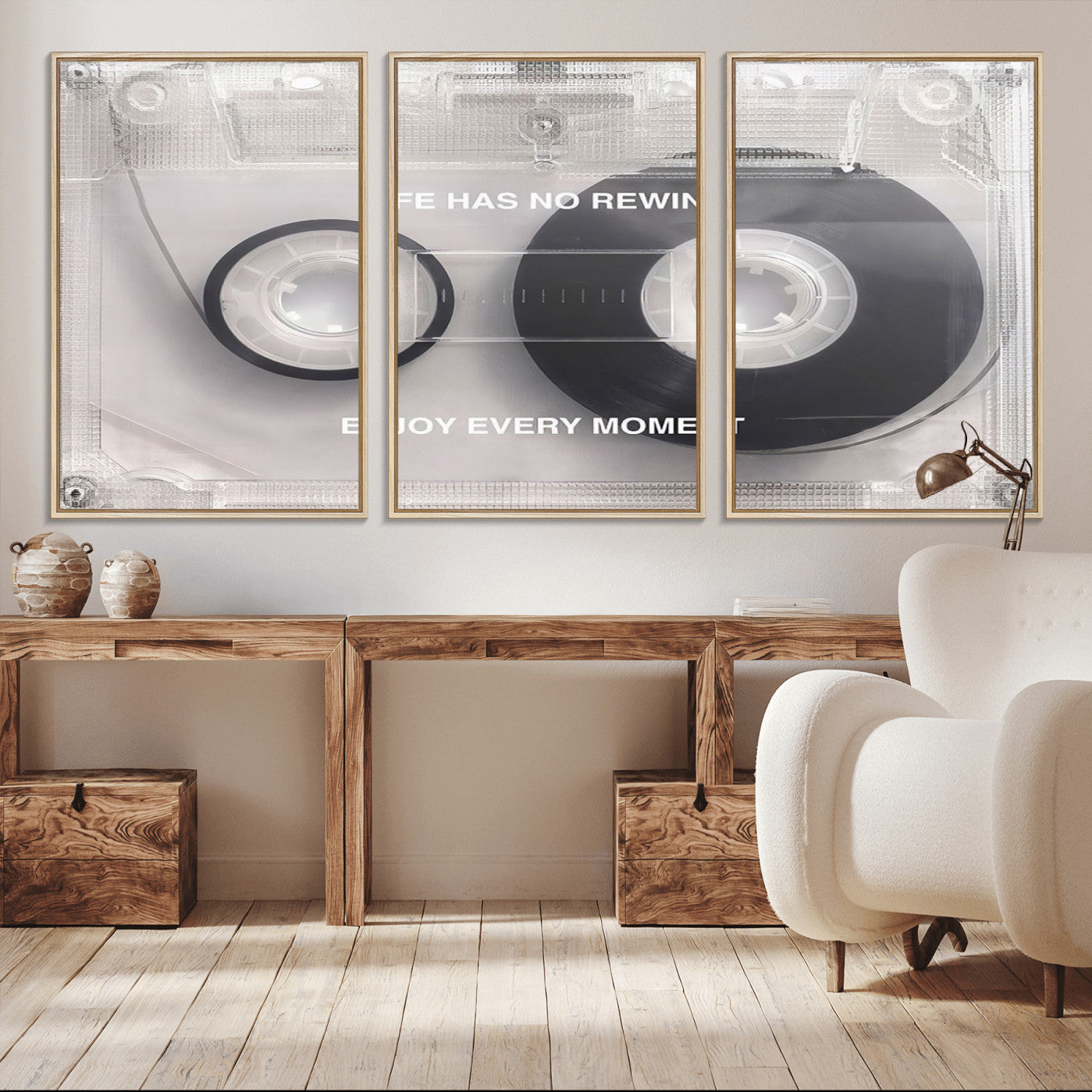 -Vintage Cassette Tape Canvas Wall Art - Inspirational 'Life Has No Rewind' Quote, Retro Music Decor