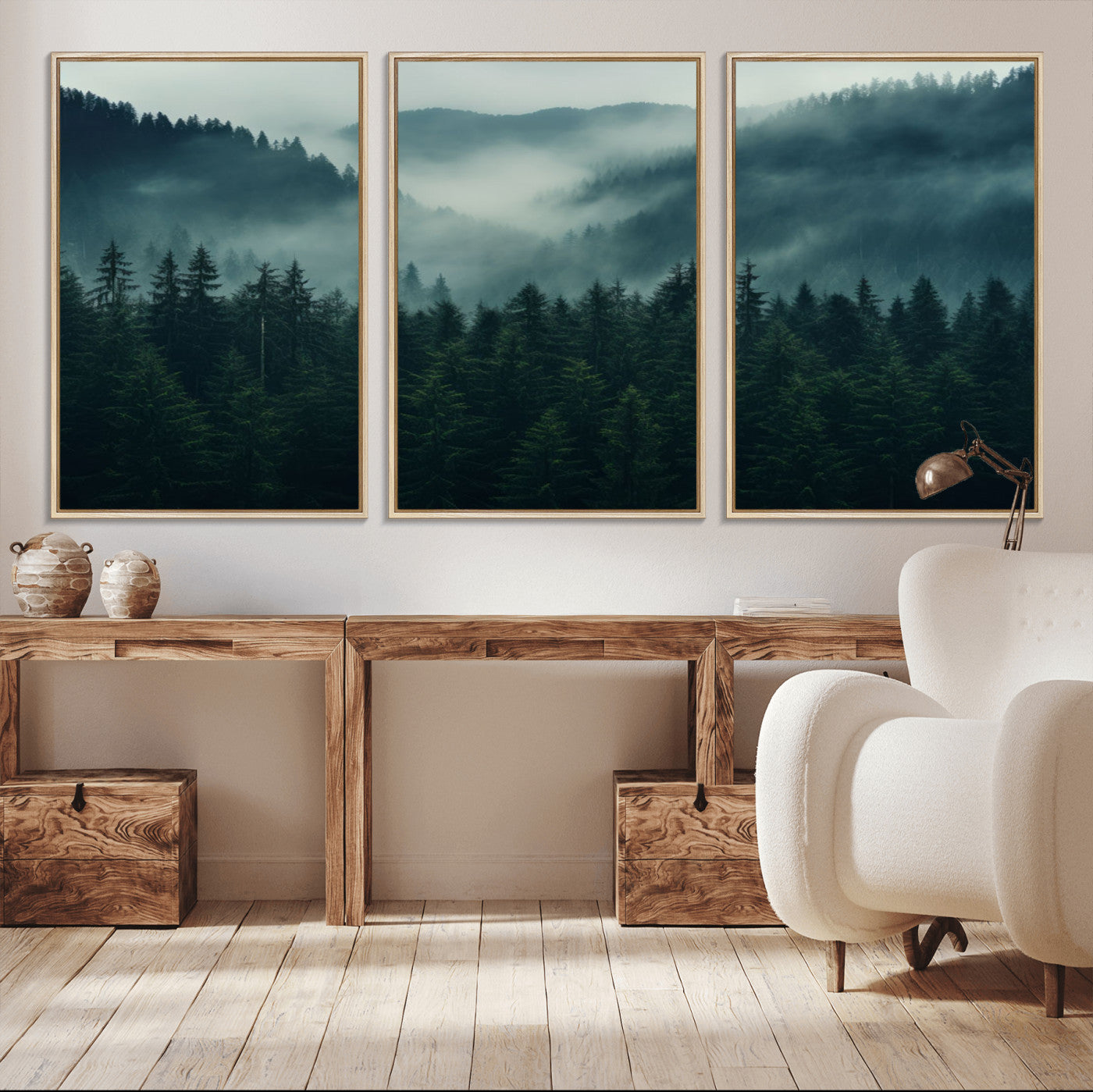 95647-MGV-FC-60X30-3P_Natural-Captivating Misty Forest Wall Art Premium Canvas Print, Foggy and Serene Atmosphere Wall Art Canvas
