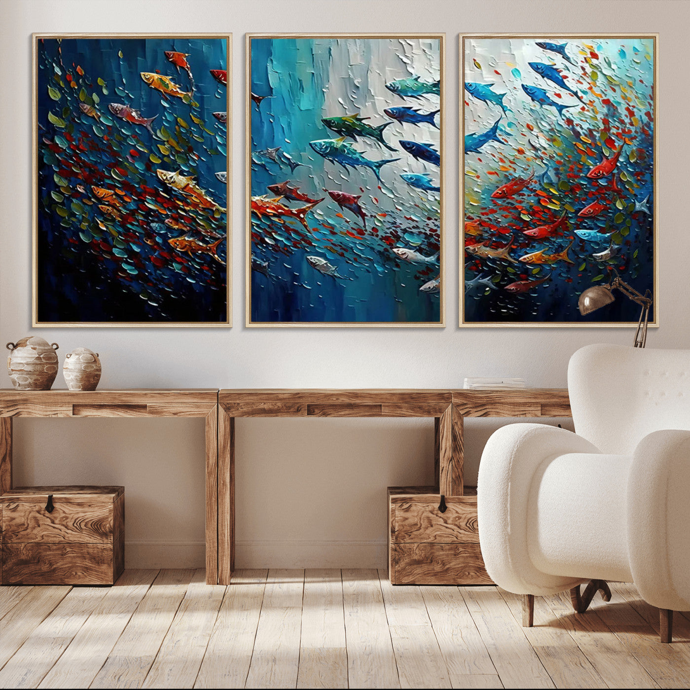 -Modern Abstract Fish Shoal Wall Art Canvas Print, Colorful Fish Herd Painting on Canvas Print, Ocean
