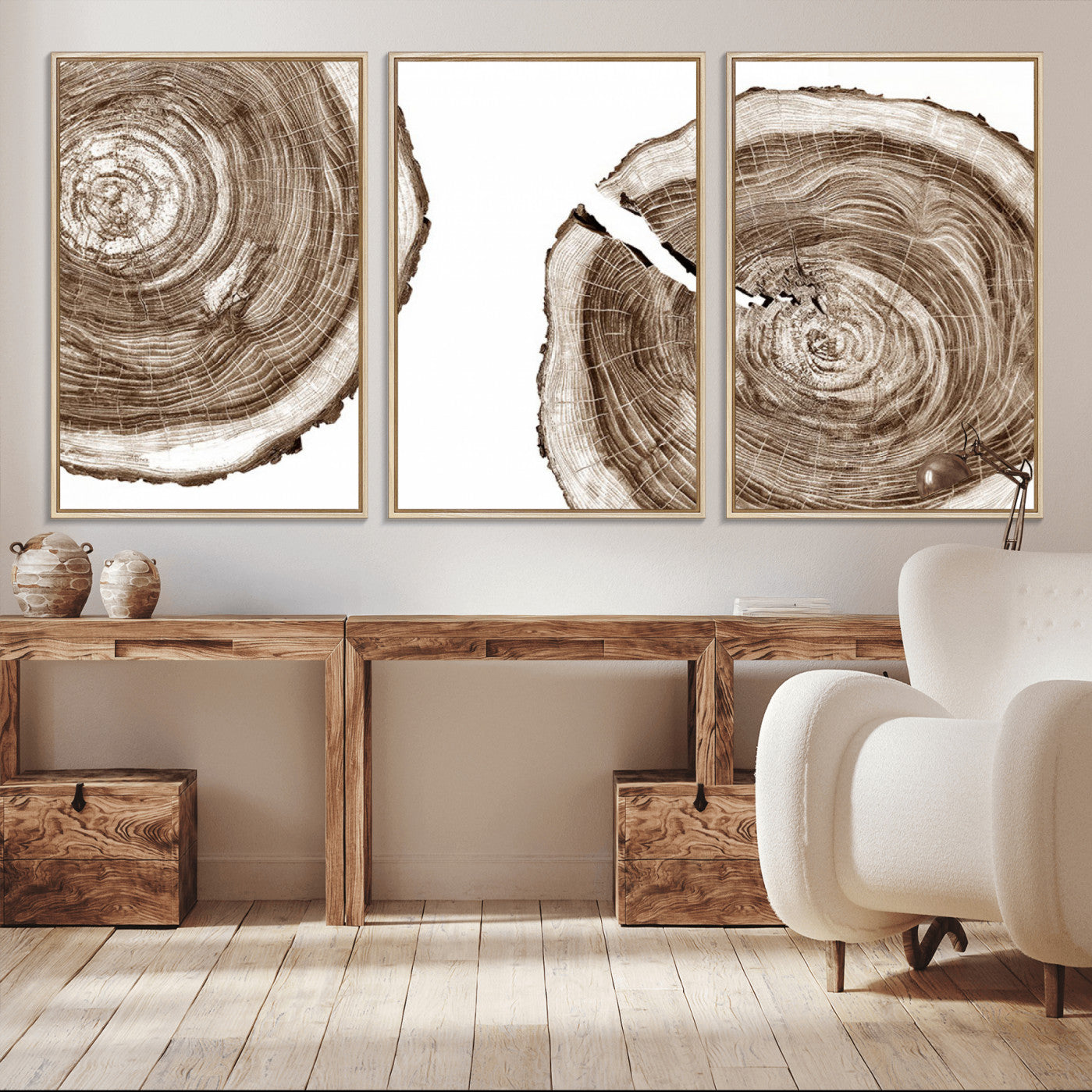 43743-MGV-FC-60X30-3P_Natural-Wood Tree Ring Wall Art Canvas Prints, Tree Rings – Minimalist Black and White Wood Art | Triptych