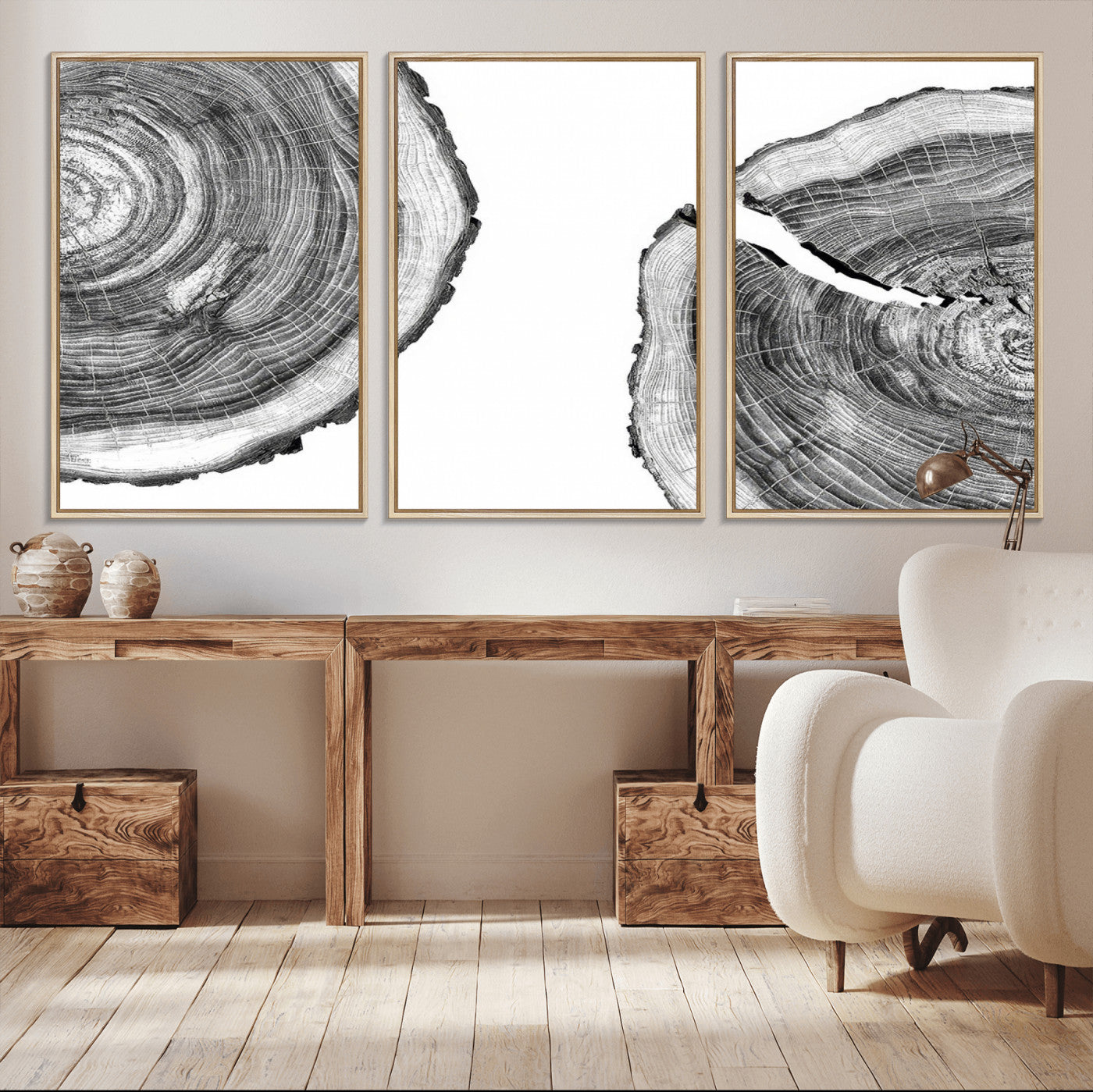 52770-MGV-CV-36X24-Abstract Large Tree Rings – Minimalist Black and White Wood Art | Triptych Canvas, Modern Wall Decor