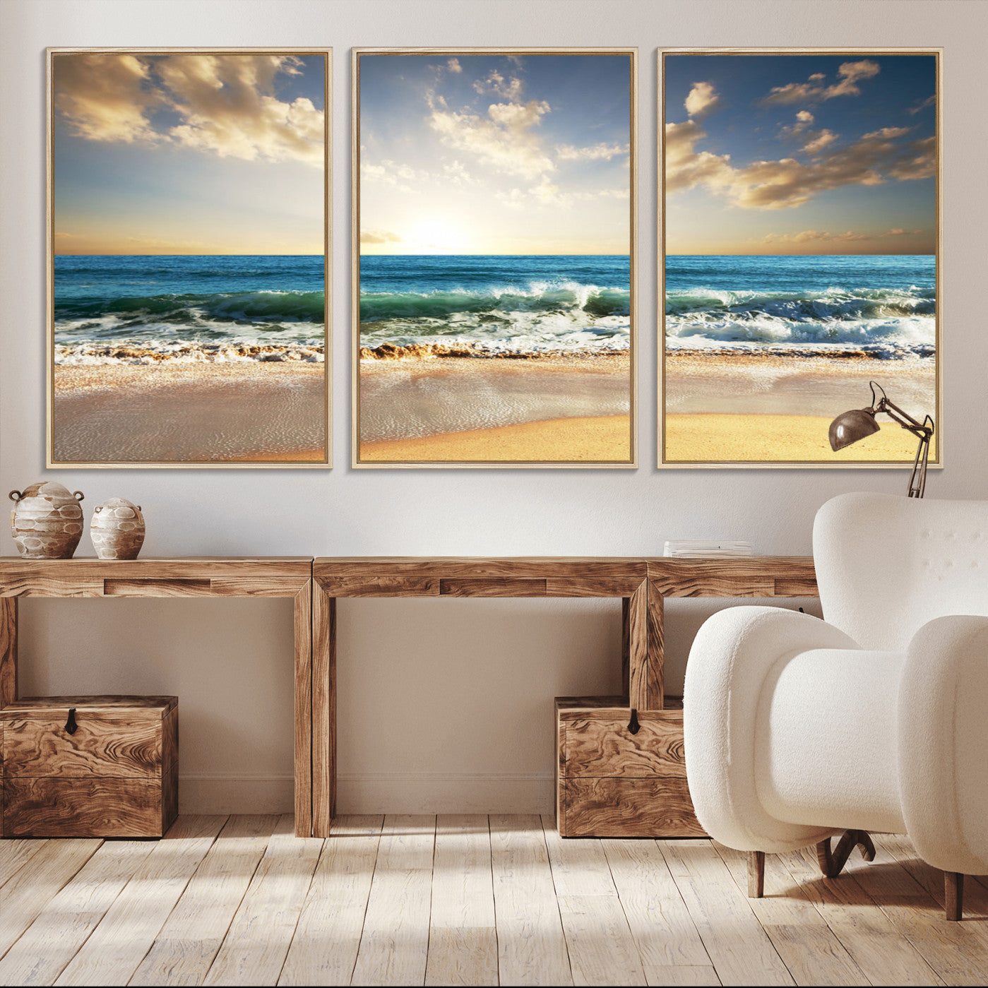 83376-MGV-CV-36X24-Golden Sunset Beach Triptych Canvas Wall Art for Living Room – 3-Panel Ocean View, Framed & Ready to