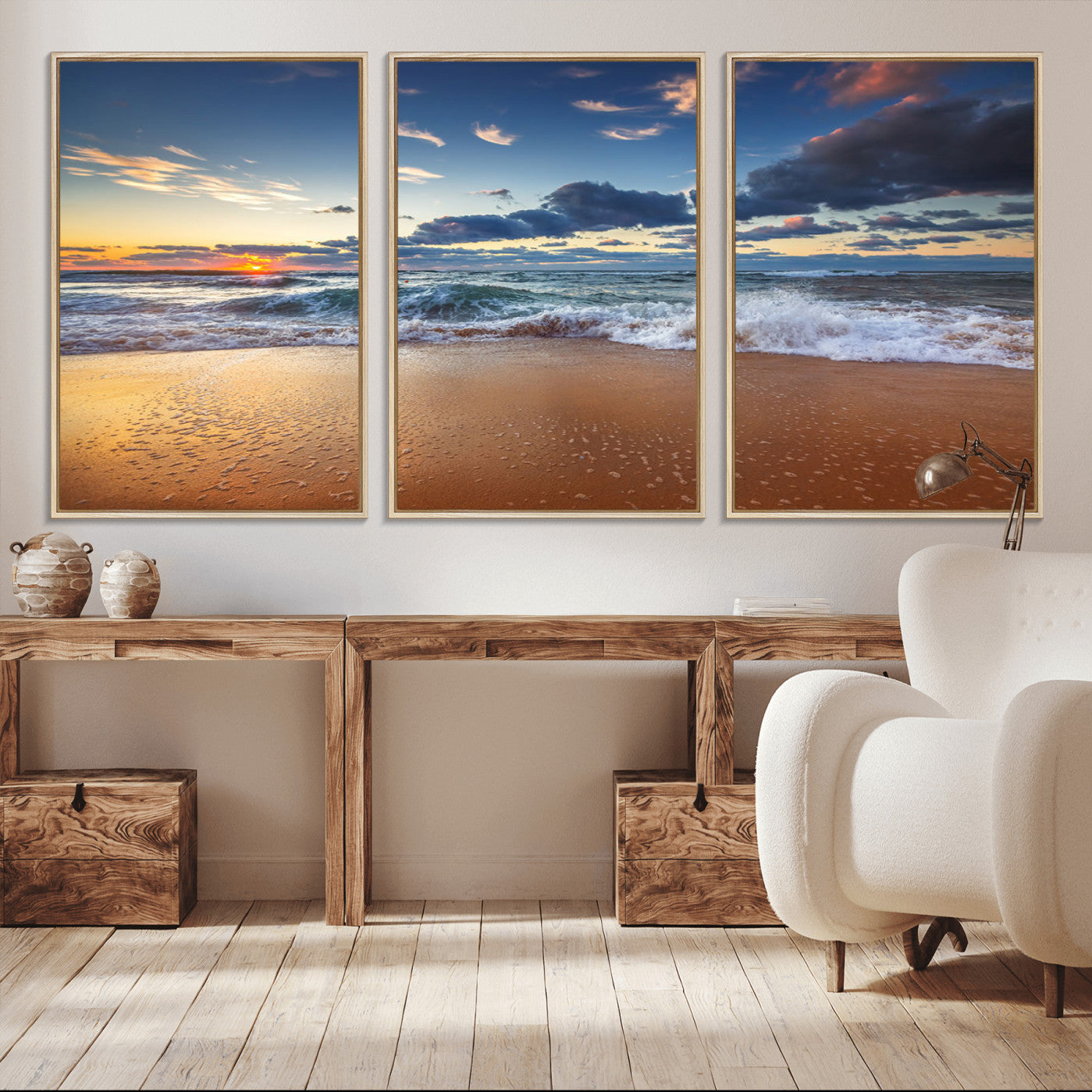 85899-MGV-FC-60X30-3P_Natural-Beach Canvas Wall Art - Coastal Seascape Print for Living Room or Bedroom, Ocean Waves on Sand,