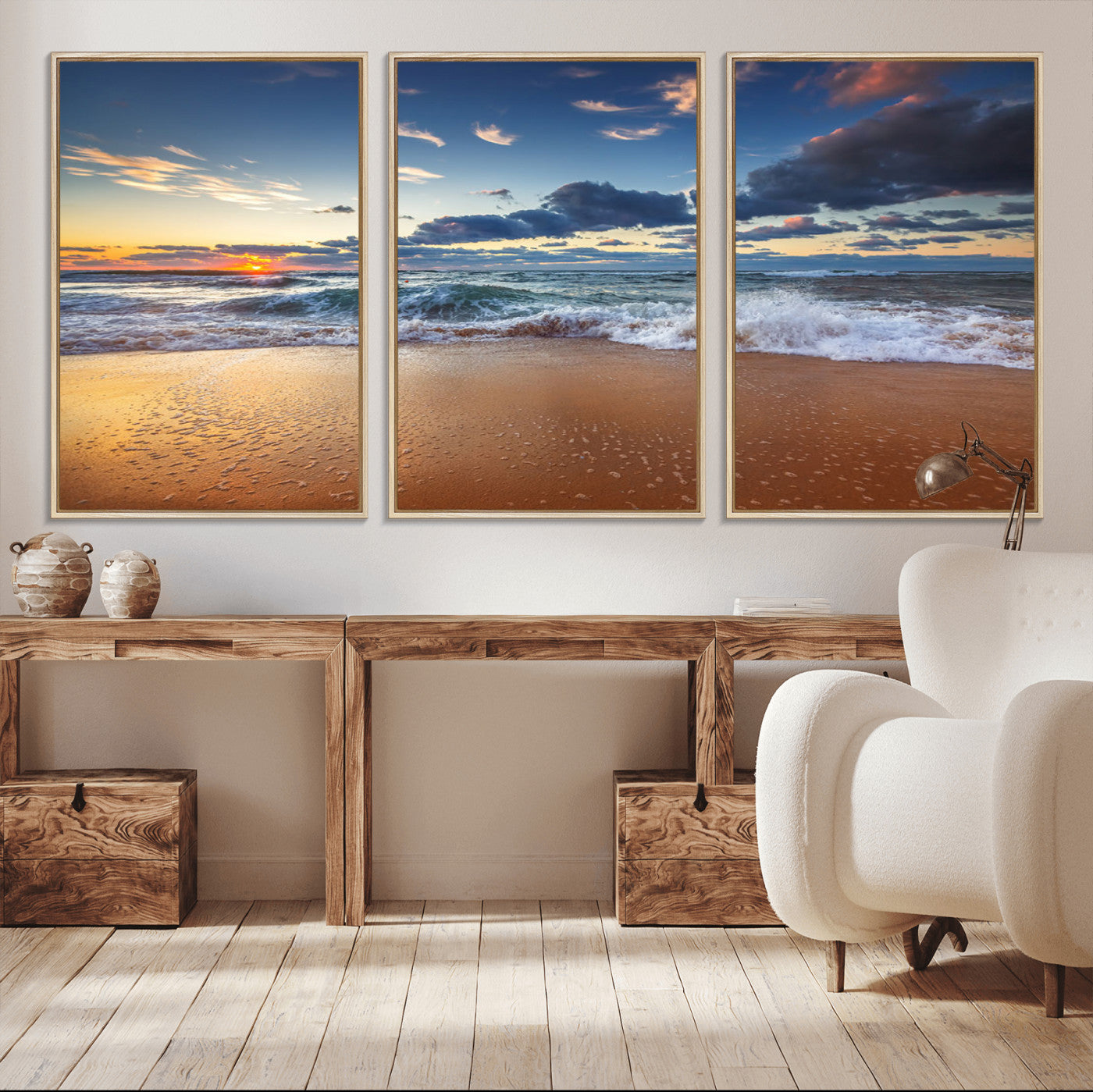 85899-MGV-FC-60X30-3P_Natural-Beach Canvas Wall Art - Coastal Seascape Print for Living Room or Bedroom, Ocean Waves on Sand,