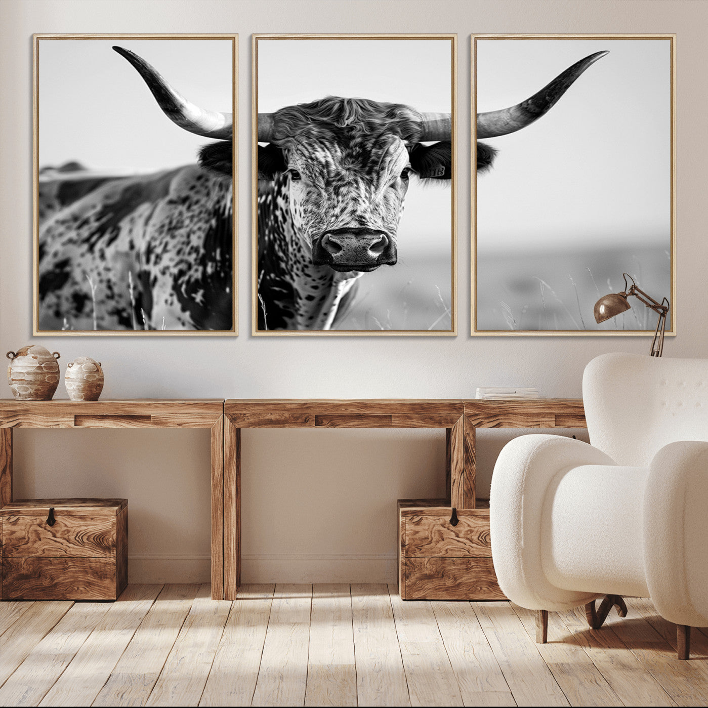 -Texas Highland Cow Longhorn Canvas Print - Rustic Farmhouse Wall Art - Large Texas Longhorn