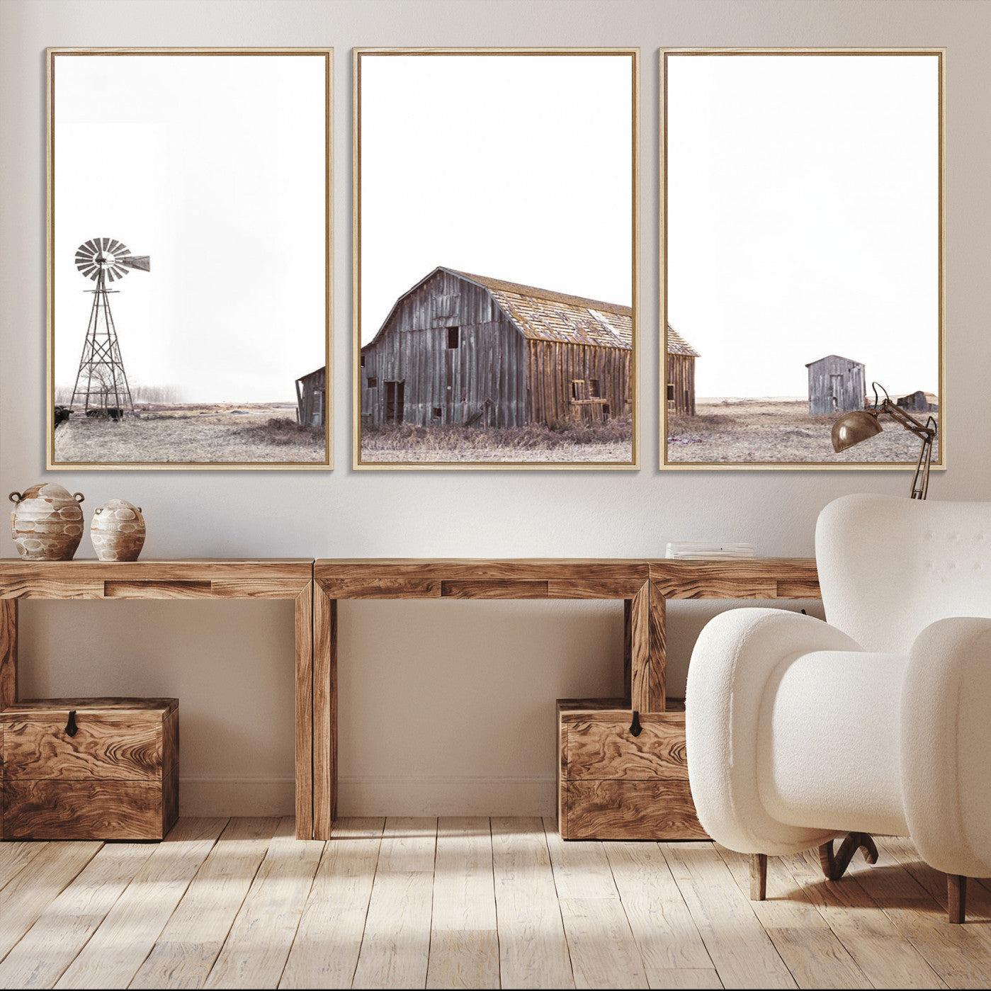 64560-MGV-CV-36X24-Set of 3 Rustic Farmhouse Wall Art Prints – Country Barn, Wheat Field, and Farm Landscape for Cozy
