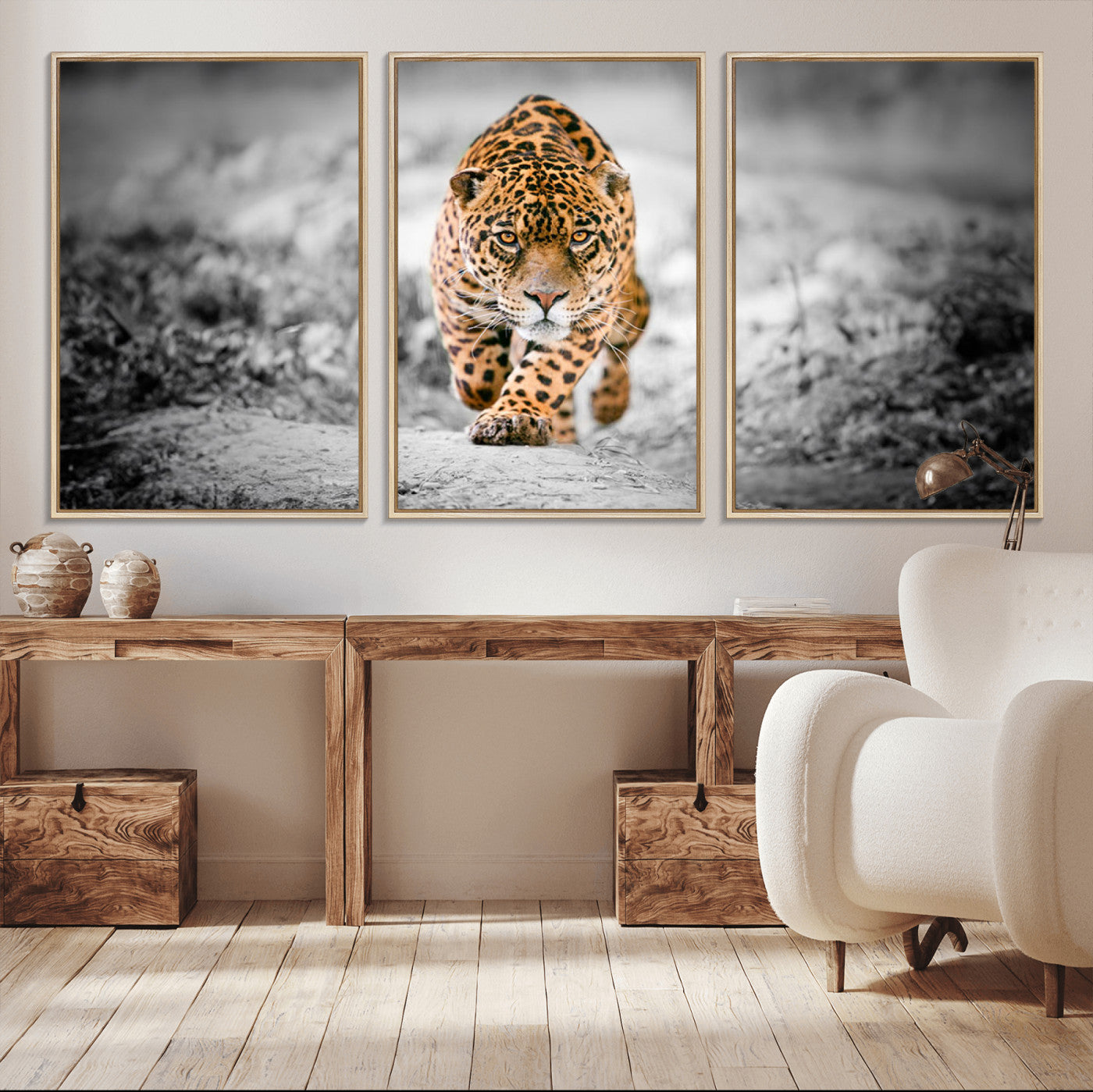 87577-MGV-FC-60X30-3P_Natural-Jaguar Wall Art Canvas Print - Majestic Big Cat in Focused Pursuit - Ready to Hang