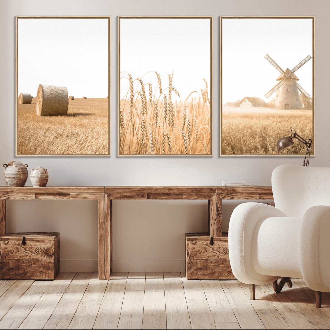 88780-MGV-CV-36X24-Vintage Farmhouse Triptych Wall Art – Giclée Canvas Featuring Wheat Fields, Hay Bales, and a
