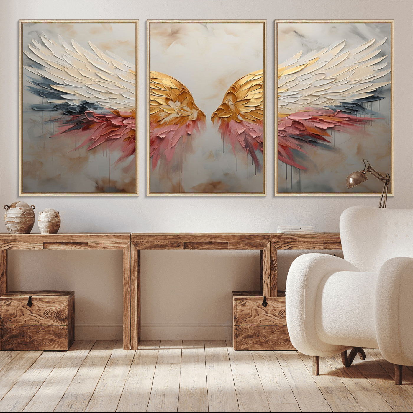 10697-MGV-FC-60X30-3P_Natural-Golden Angel Wings Wall Art Canvas Print – Stunning Abstract Winged Art for Elegant Home Decor –