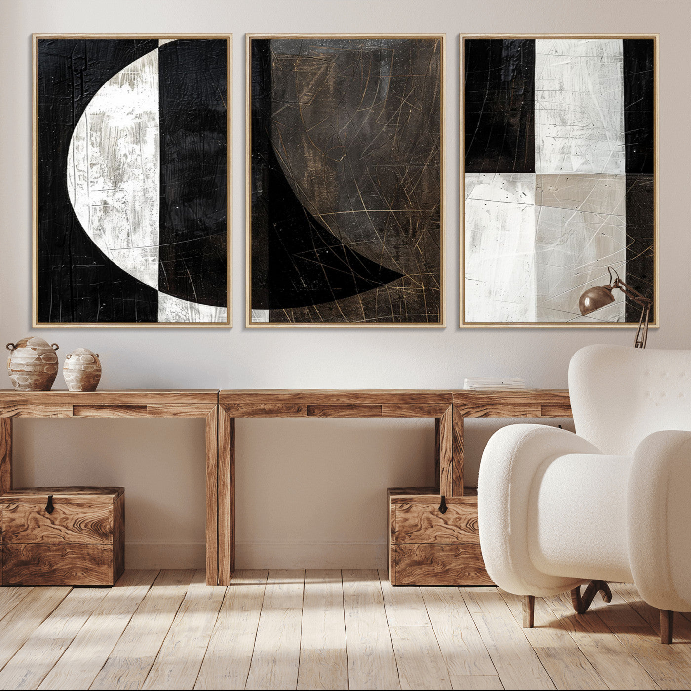 47880-MGV-FC-60X30-3P - Abstract Modern Wabi Sabi Wall Art Canvas Print Set – Minimalist Mid-Century Contemporary Artwork for Home, Office