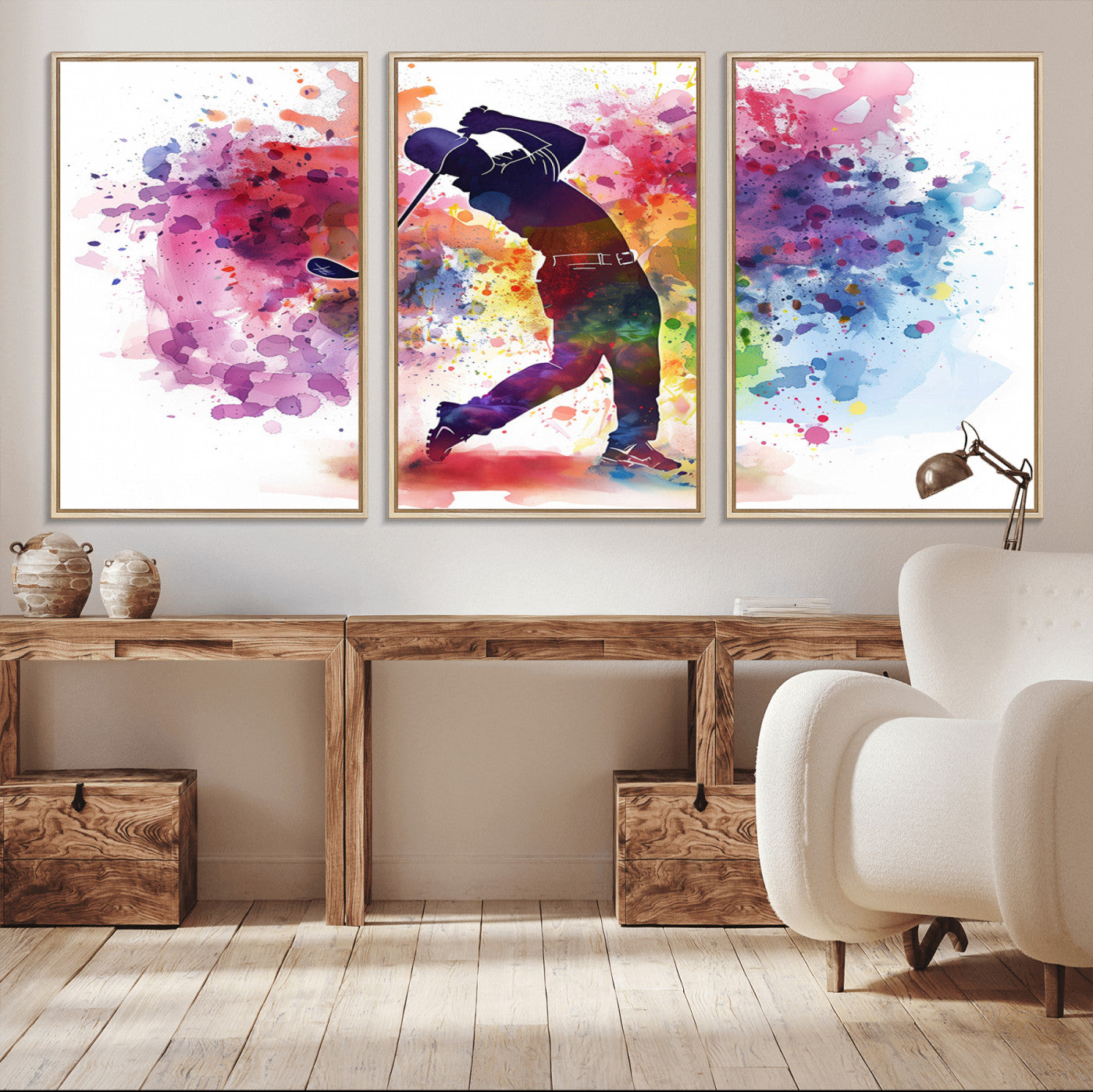 66537-MGV-CV-36X24-Colorful Golfer Swing Wall Art Canvas Print - Ready to Hang, Framed Sports Decor