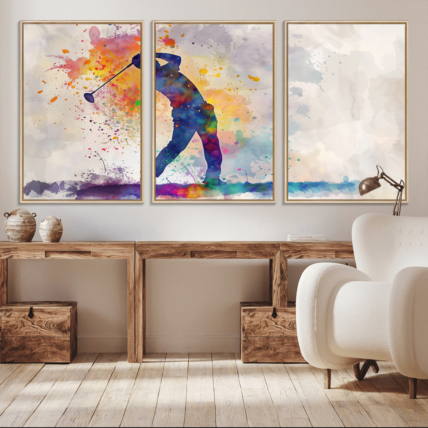 -Watercolor Golf Swing Wall Art Canvas Print | Vibrant Abstract Golf Player Silhouette |