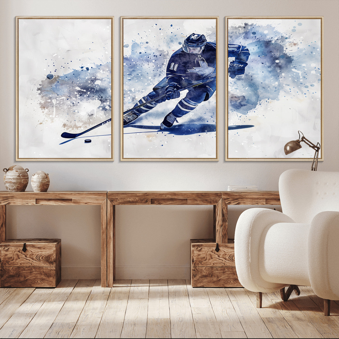 39795-MGV-CV-36X24-Hockey Player Wall Art Canvas Print - Sports-Inspired Watercolor Decor - Ready to Hang