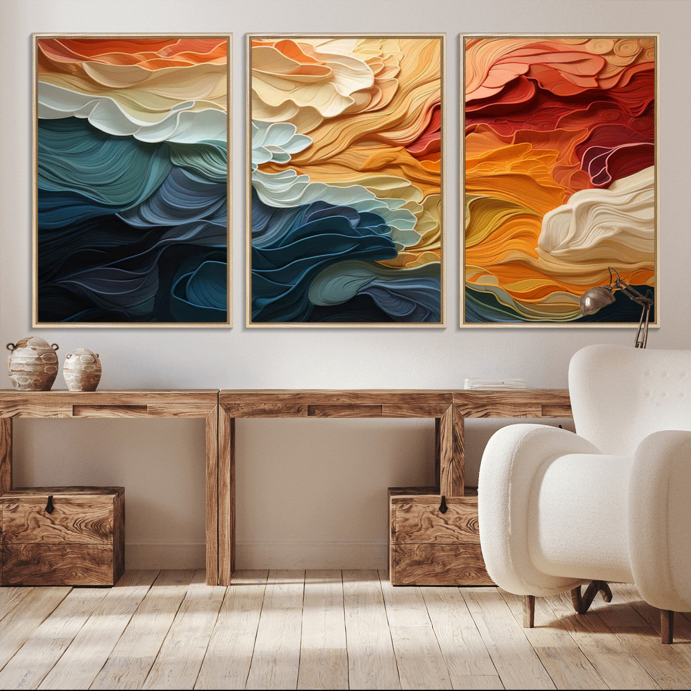 31634-MGV-CV-36X24-Blue Orange Abstract Wave Wall Art Canvas Print, Framed Blue Orange Wave Wall Art