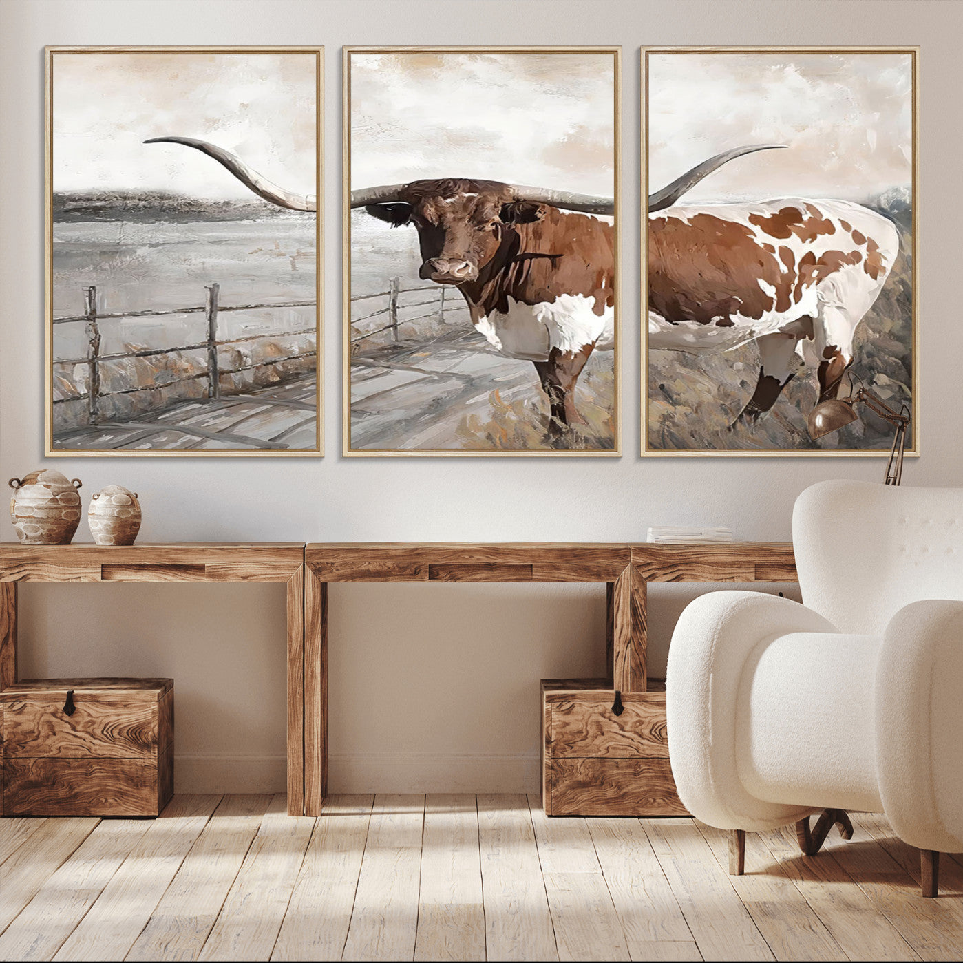 -Vintage Texas Cow Wall Art Canvas Print, Rustic Longhorn Wall Art | Canvas Print for Farmhouse Decor