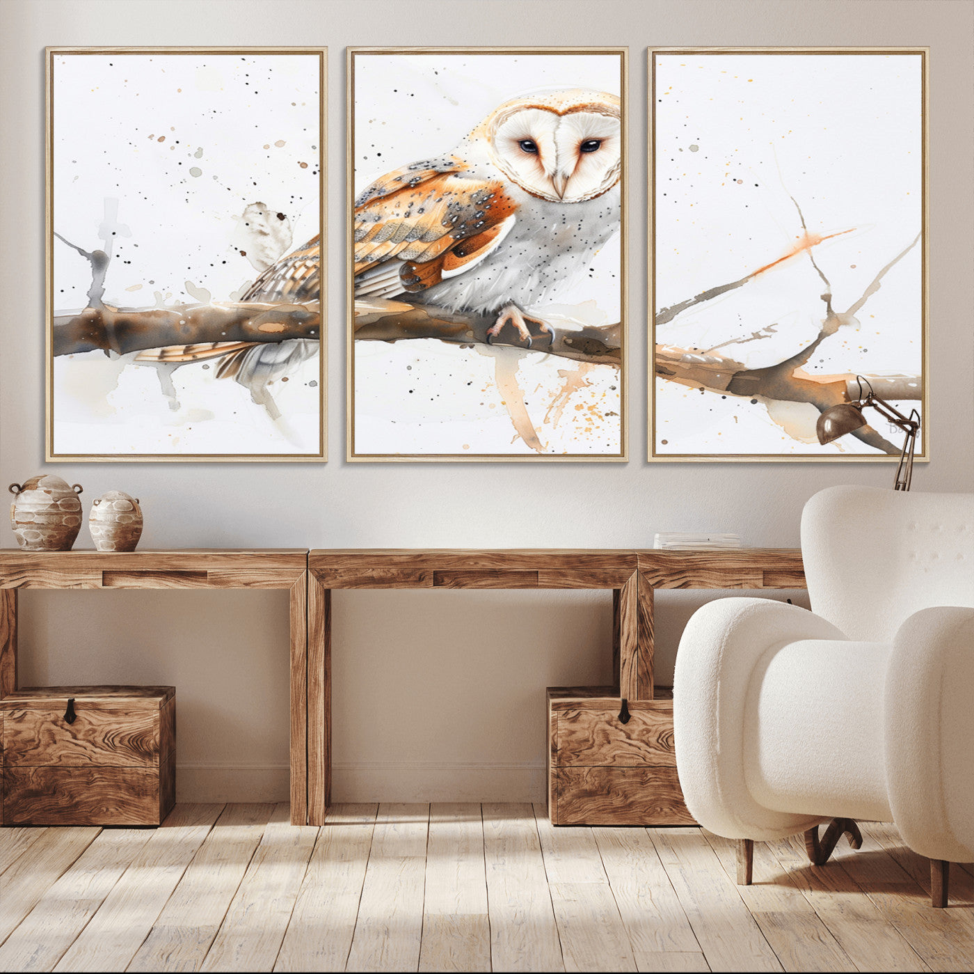 20257-MGV-FC-60X30-3P_Natural-Barn Owl Wall Art on Branch | Stunning Canvas Print for Nature Lovers | Ready to Hang and Framed