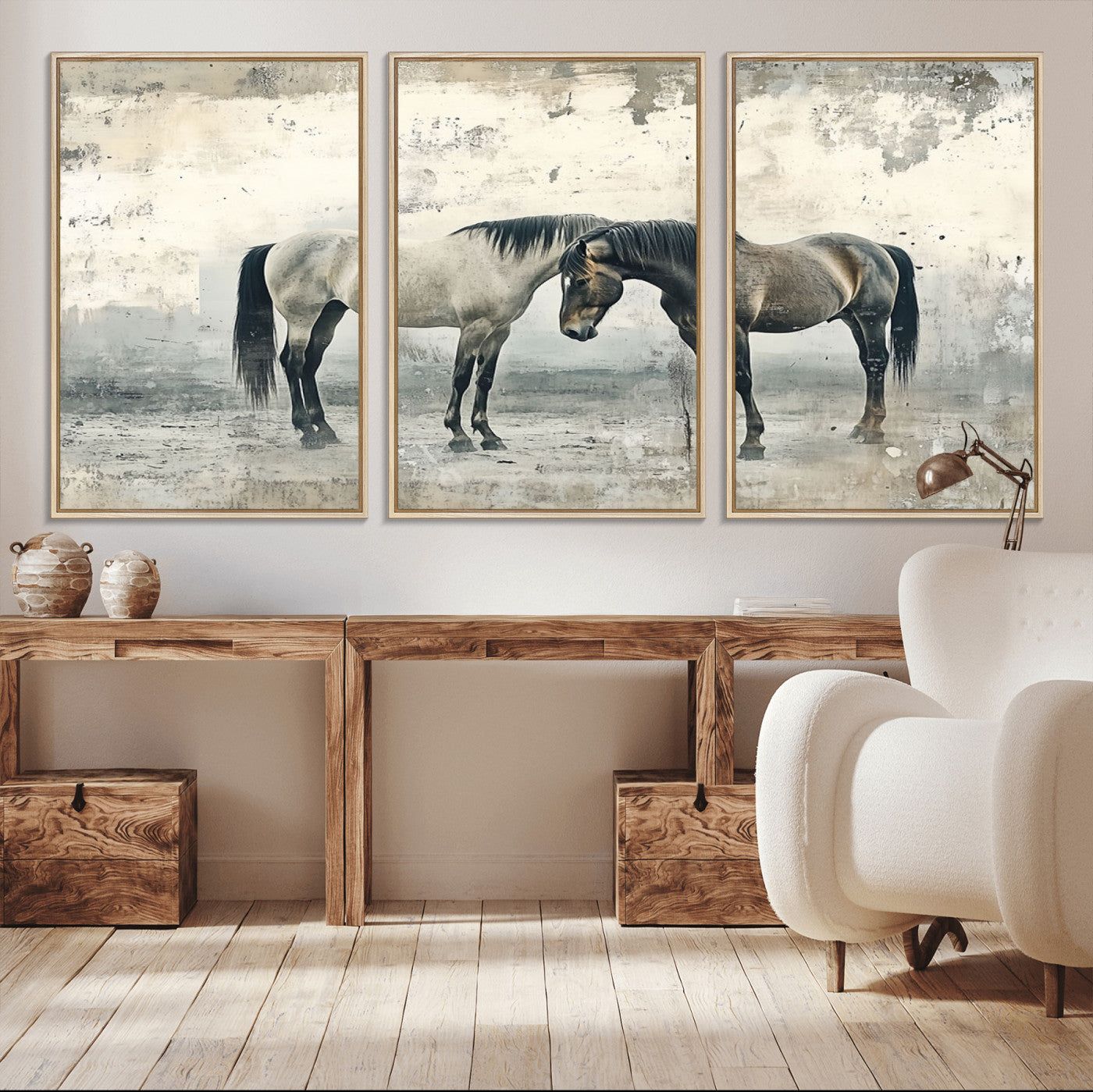 -Chines Style Majestic Horses Wall Art | Ready to Hang and Framed Triptych Print | Western Farmhouse