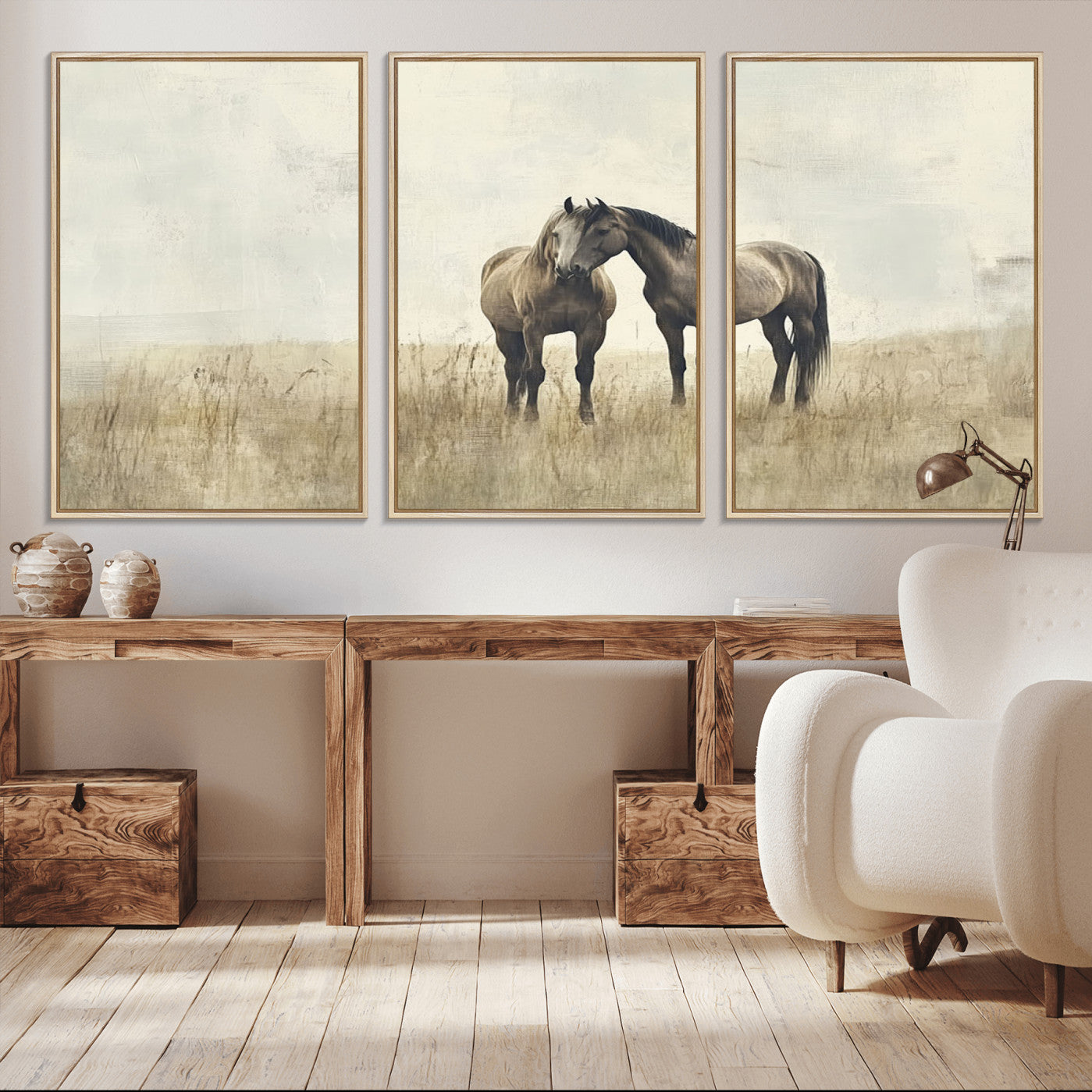 -Chines Style Grunge Horses Wall Art Canvas Print